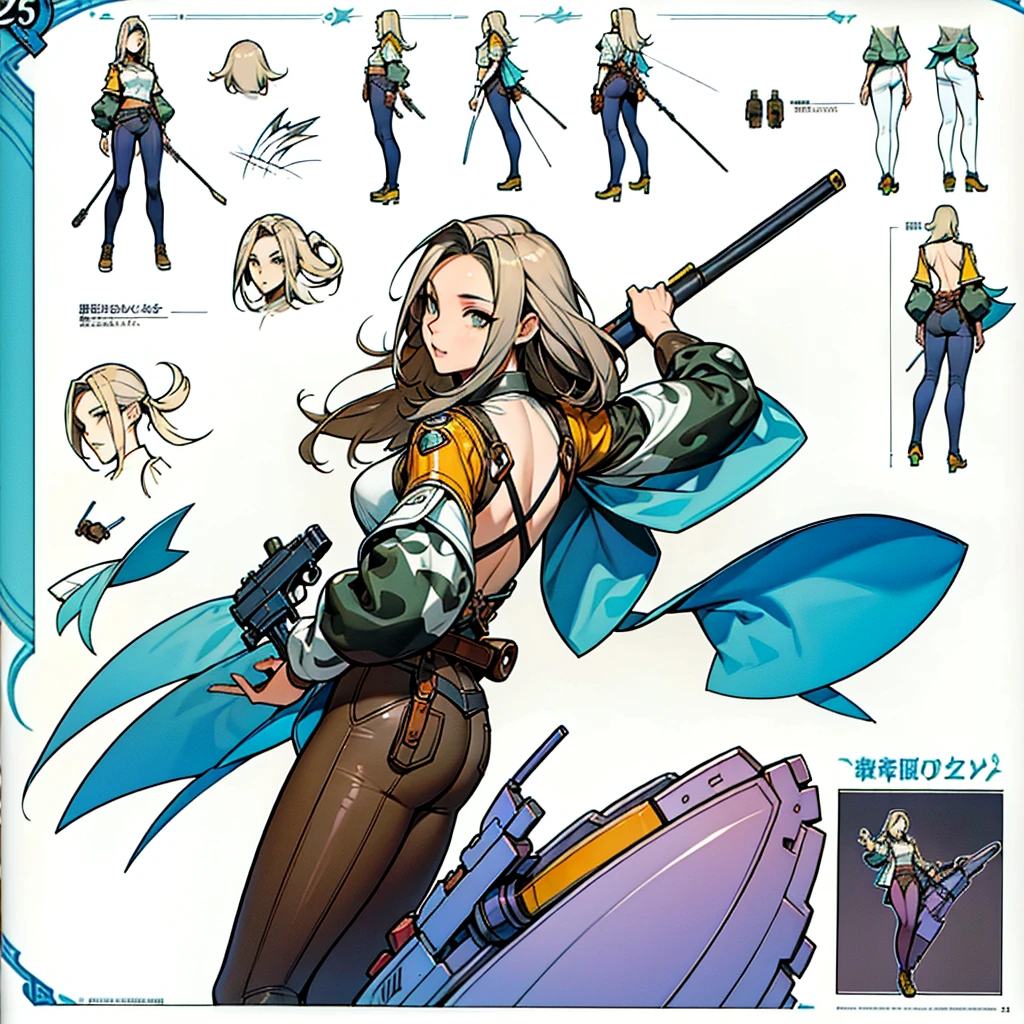Close-up of a girl in a gun costume, ((character concept art)), ((character design sheet, same character, front, side, back)) maple story character art, video game character design, video game character design, maple story gun girl, expert high detail concept art, metal bullet concept art, funny character design, Lucio as a woman, gravity rush inspiration, sticky tar. Concept art, belt buckle at waist, steampunk weapon,