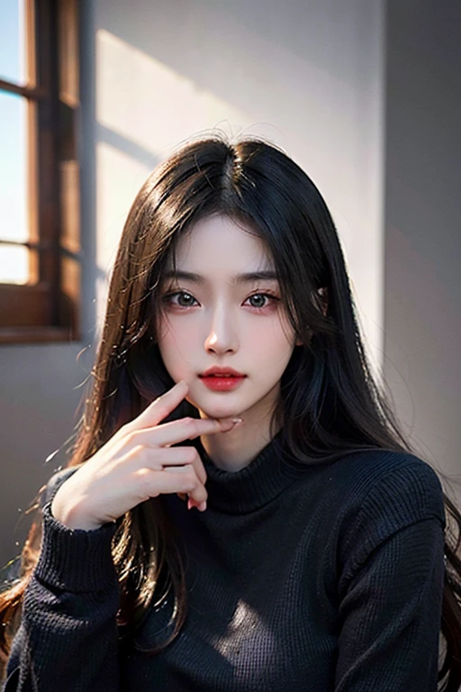 超A high resolution、masterpiece、top-quality、selphie、Instagramer、
extra detailed face、A detailed eye、Very complex and、perfect glossy shiny skins、Perfect litthing、detailed lighting、Dramatic shadows、光线追踪、
1 girl in、The upper part of the body、Black sweater