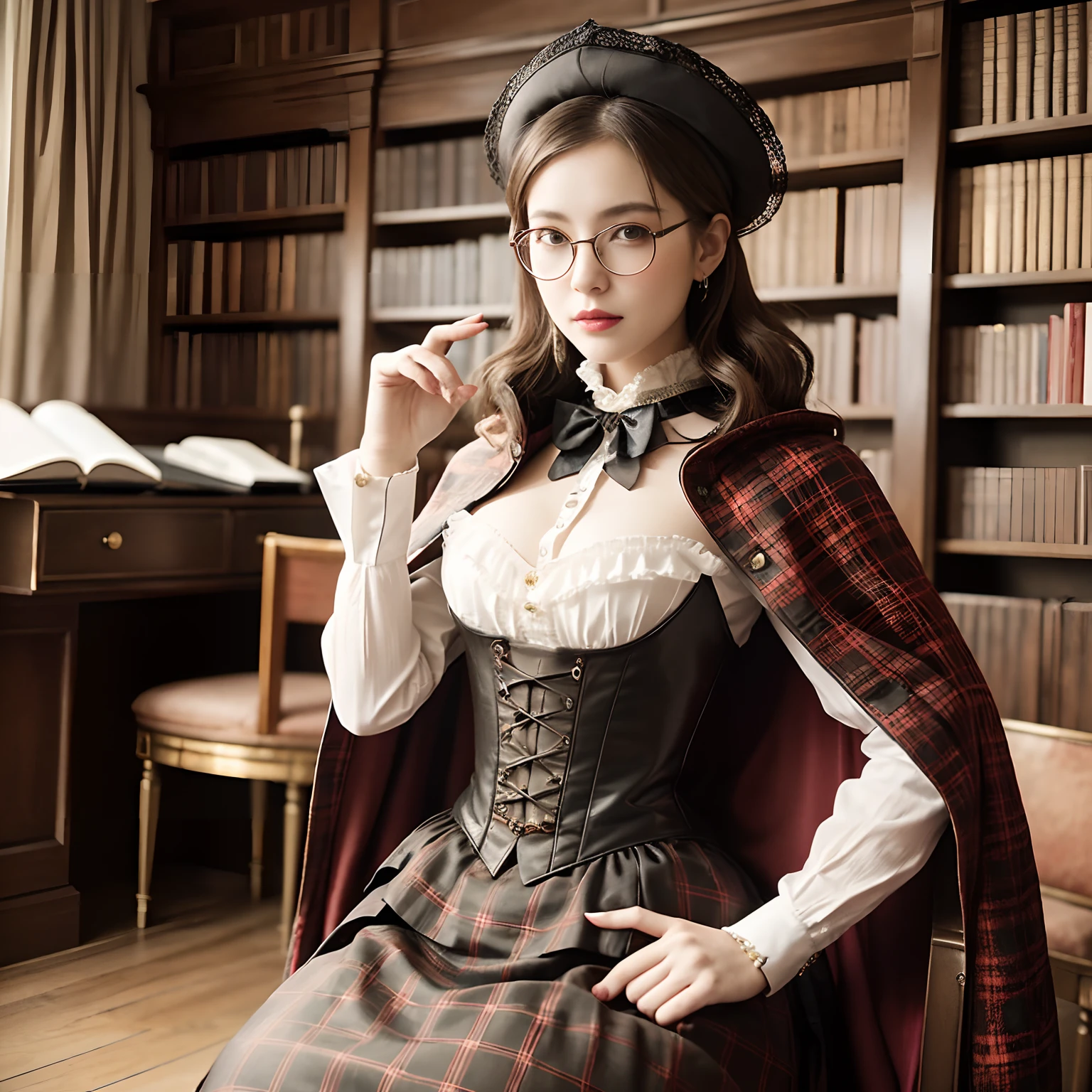 (((Best Quality, masutepiece, 超A high resolution、The most complex and detailed depictions)))、((1人の女性、A detailed face、face perfect、Plaid cape and plaid beret、Short plaid cape、Plaid midi skirt、Fashionable round glasses、Pill glasses))、retro vibes、Rooms at Medieval Europe、Huge bookshelf、Bookshelves on the wall、Classy chairs and desks near bookshelves、Sit in a classy chair、Calm and elegant rooms、Warm color lighting、Perfect gas chamber、Perfect fingers、A slender、Beautiful white teeth、Perfect shiny hair and skin、perfect anatomia、imperial royal elegant clothing,, in detailed steampunk dress, 1 8 0 0 s Vintage, victorian style costume, Elegant plaid cape, with cape, imperial royal elegant clothing, in detailed steampunk dress, 1 8 0 0 s Vintage, victorian style costume, Leather boots and cape, inspired by Fujiwara Takanobu, catalogue photo, victorian inspired clothing, by Mihoo, Elegant cape, photo shot