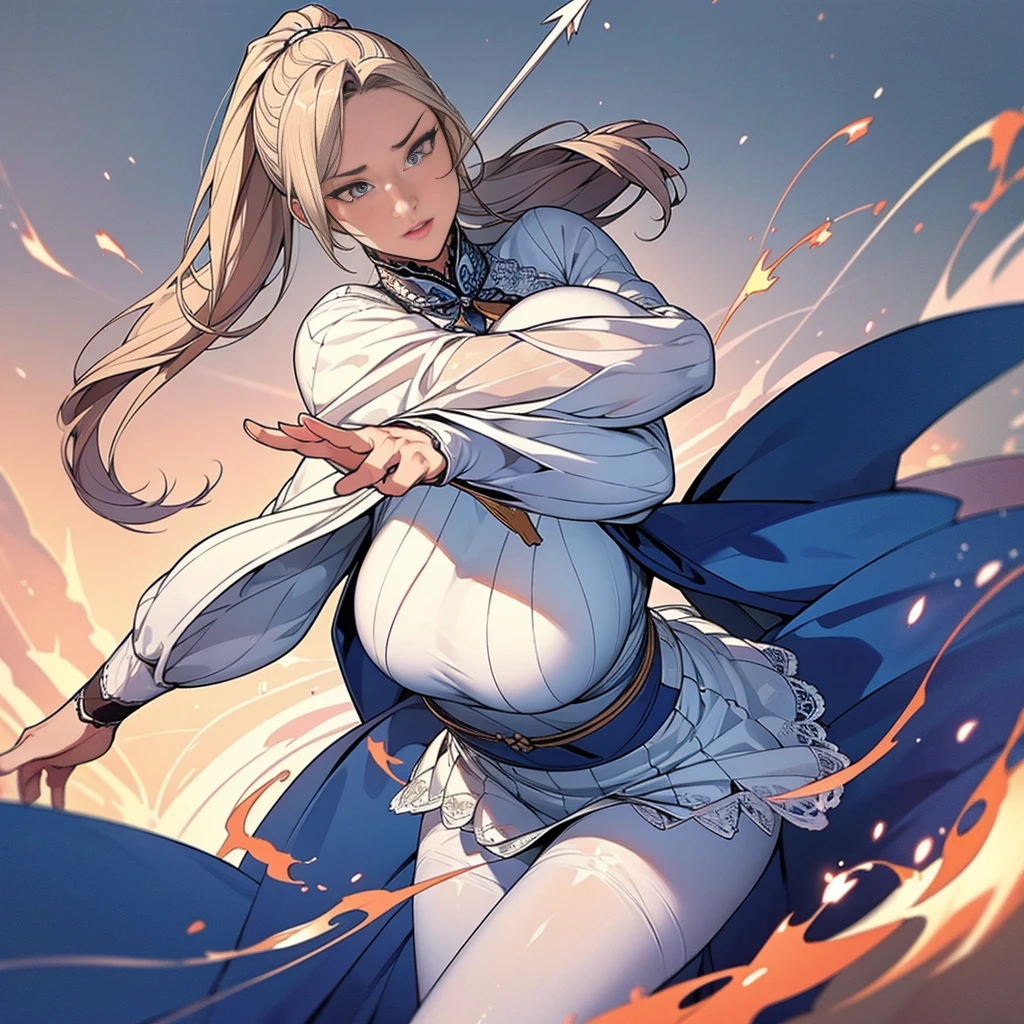 ((Masterpiece, Highest quality)), Detailed face, CharacterDesignSheet， full bodyesbian, Full of details, Multiple poses and expressions, Highly detailed, Depth, Many parts，Martial arts girl，white colors，holds a spear，double-ponytail，estilo fantasia，Surrounded by flames，Extremely beautiful，High Balance, Natural light, Lace，lacepantyhose，water ripple，The water is rippling