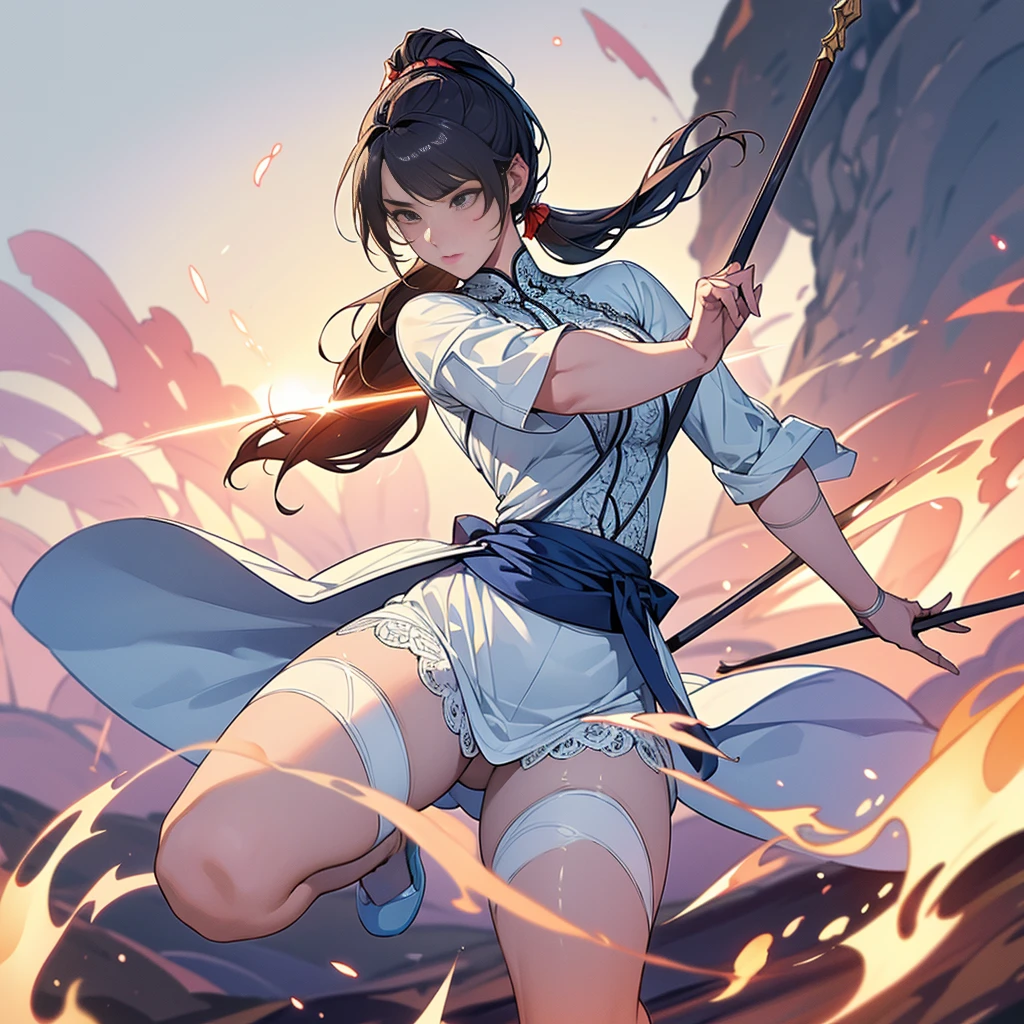 ((Masterpiece, Highest quality)), Detailed face, CharacterDesignSheet, full bodyesbian, Full of details, Multiple poses and expressions, Highly detailed, Depth, Many parts,Martial arts girl,white colors,holds a spear,double-ponytail,estilo fantasia,Surrounded by flames,Extremely beautiful,High Balance, Natural light, Lace,lacepantyhose,water ripple,The water is rippling
