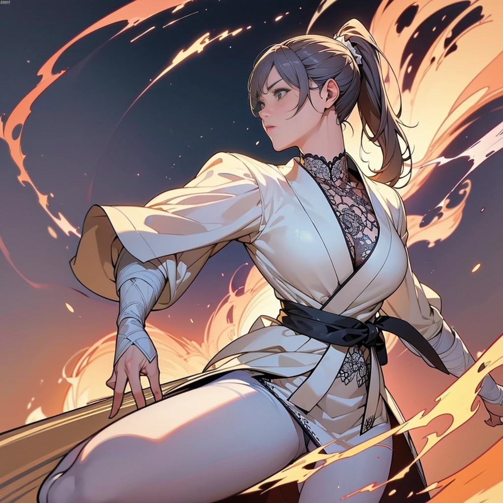 ((Masterpiece, Highest quality)), Detailed face, CharacterDesignSheet， full bodyesbian, Full of details, Multiple poses and expressions, Highly detailed, Depth, Many parts，Martial arts girl，white colors，holds a spear，double-ponytail，estilo fantasia，Surrounded by flames，Extremely beautiful，High Balance, Natural light, Lace，lacepantyhose，water ripple，The water is rippling