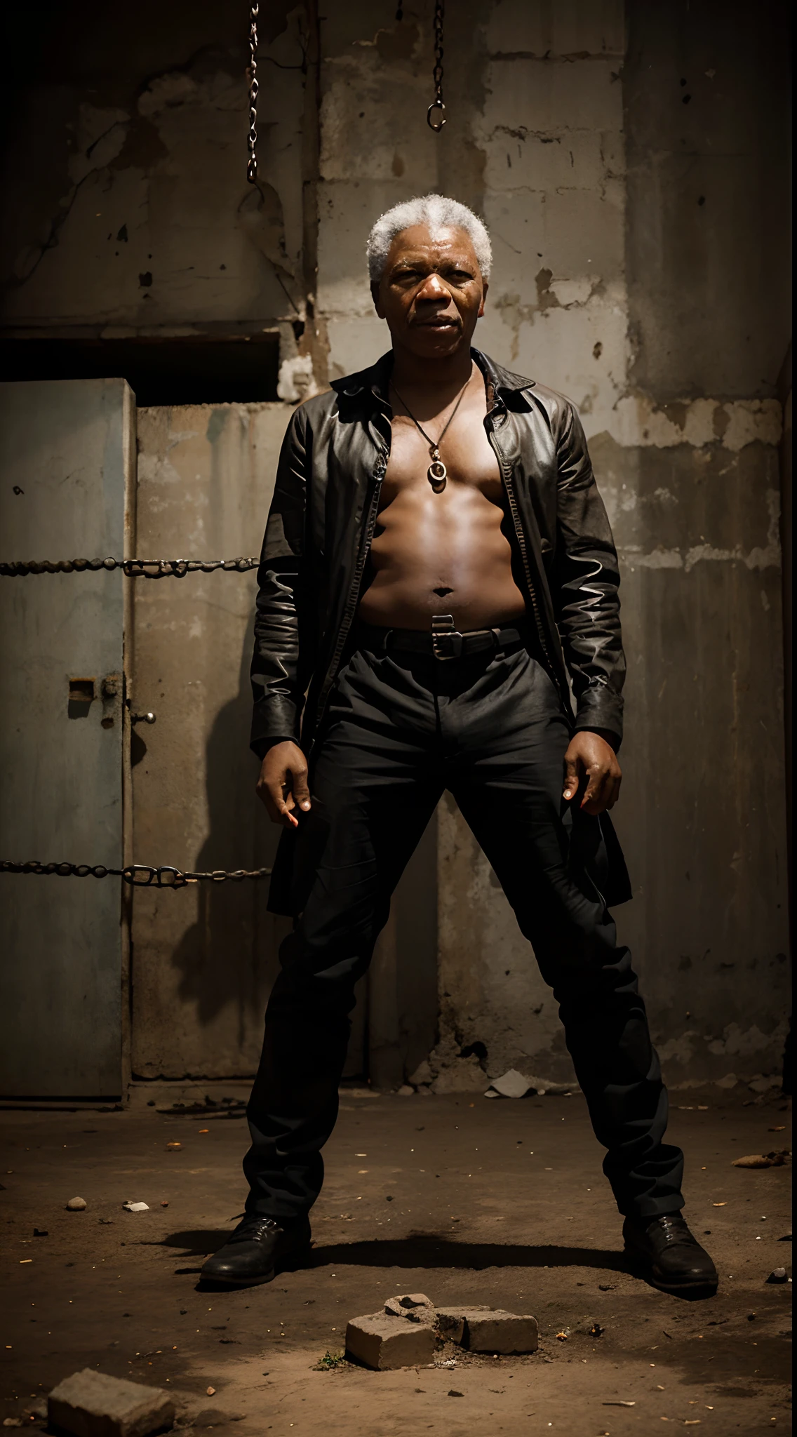 "Illustrate Mandela's leadership in dismantling the legacy of apartheid, showcasing him figuratively breaking chains that represent the oppression of the past."male character