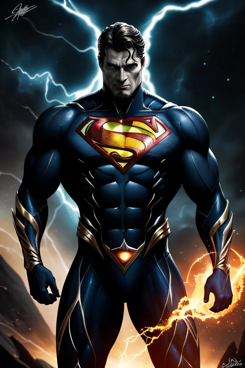 {{Una impresionante mezcla de Superman y Venom}}, Holding a sphere of energy firmly. Esta imagen, inspired by the fusion of heroic and dark elements, The unique combination of the two iconic characters stands out. La toma, Captured with a sharply focused lens, presenta un primer plano detallado de la figura mientras sostiene la esfera con poder. El fondo, with cosmic and luminous elements, Add an epic and dynamic atmosphere. Cinematic-like lighting brings out the details of the fusion of Superman and Venom, creating an image that balances Superman's heroic strength with Venom's signature darkness.