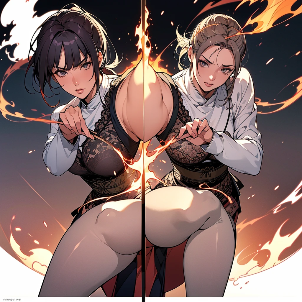((Masterpiece, Highest quality)), Detailed face, CharacterDesignSheet, full bodyesbian, Full of details, Multiple poses and expressions, Highly detailed, Depth, Many parts,Martial arts girl,white and black,holds a spear,double-ponytail,estilo fantasia,Surrounded by flames,Extremely beautiful,High Balance, Natural light, Lace,lacepantyhose