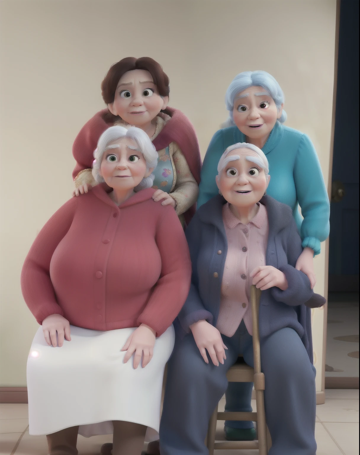 A family with 3 grandmother women, mami, granddaughter and grandfather Disney pixar style, alta qualidade,  melhor qualidade.