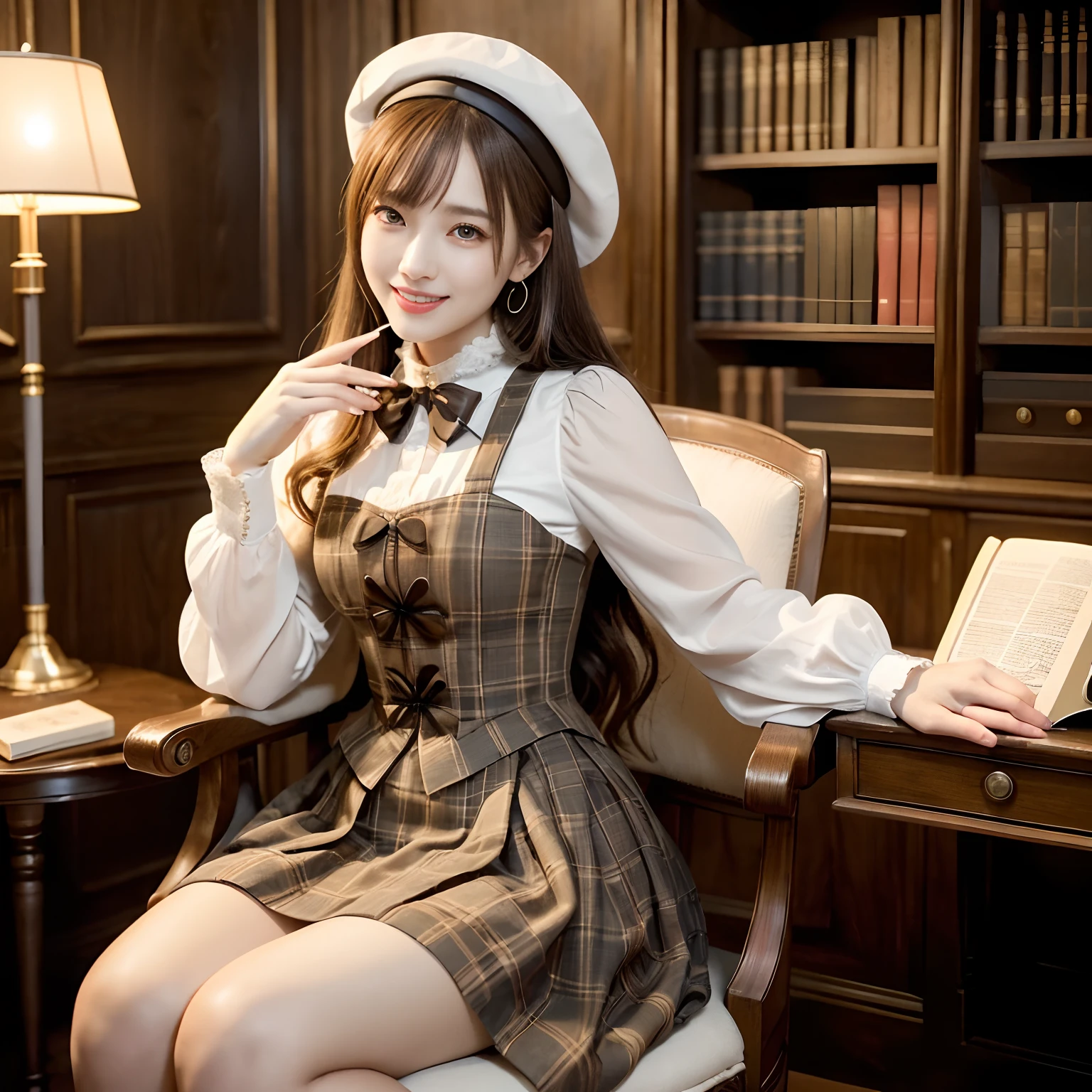 (((Best Quality, masutepiece, 超A high resolution、The most complex and detailed depictions)))、((1人の女性、Have a magnifying glass、The perfect magnifying glass、Plaid brown cape and plaid brown beret、Brown cape with a short plaid pattern、Brown plaid midi-length skirt、steampunk outfit、Victorian costume))、retro vibes、Rooms at Medieval Europe、Huge bookshelf、Bookshelves on the wall、Classy chairs and desks near bookshelves、Sit in a classy chair、Calm and elegant room、Warm color lighting、Perfect gas chamber、Perfect fingers、A slender、Beautiful white teeth、Perfect shiny hair and skin、perfect anatomia、Smile