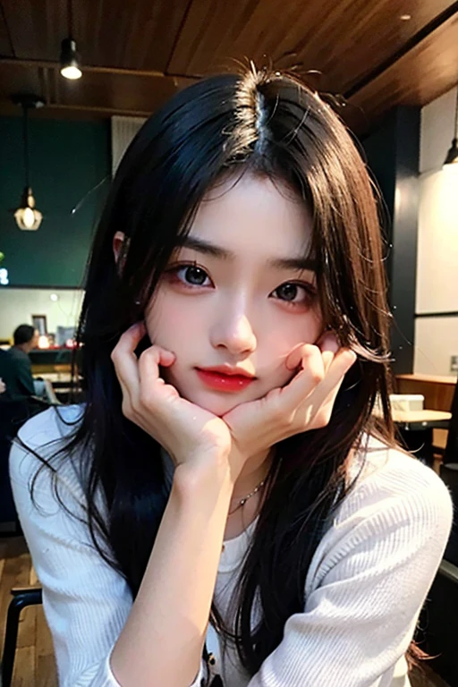 超A high resolution、masterpiece、top-quality、selphie、Instagramer、
extra detailed face、A detailed eye、Very complex and、perfect glossy shiny skins、Perfect litthing、Detailed Lighting、Dramatic shadows、光线追踪、
1 girl in、The upper part of the body、Black sweater、Dynamic Poses、coffee shop