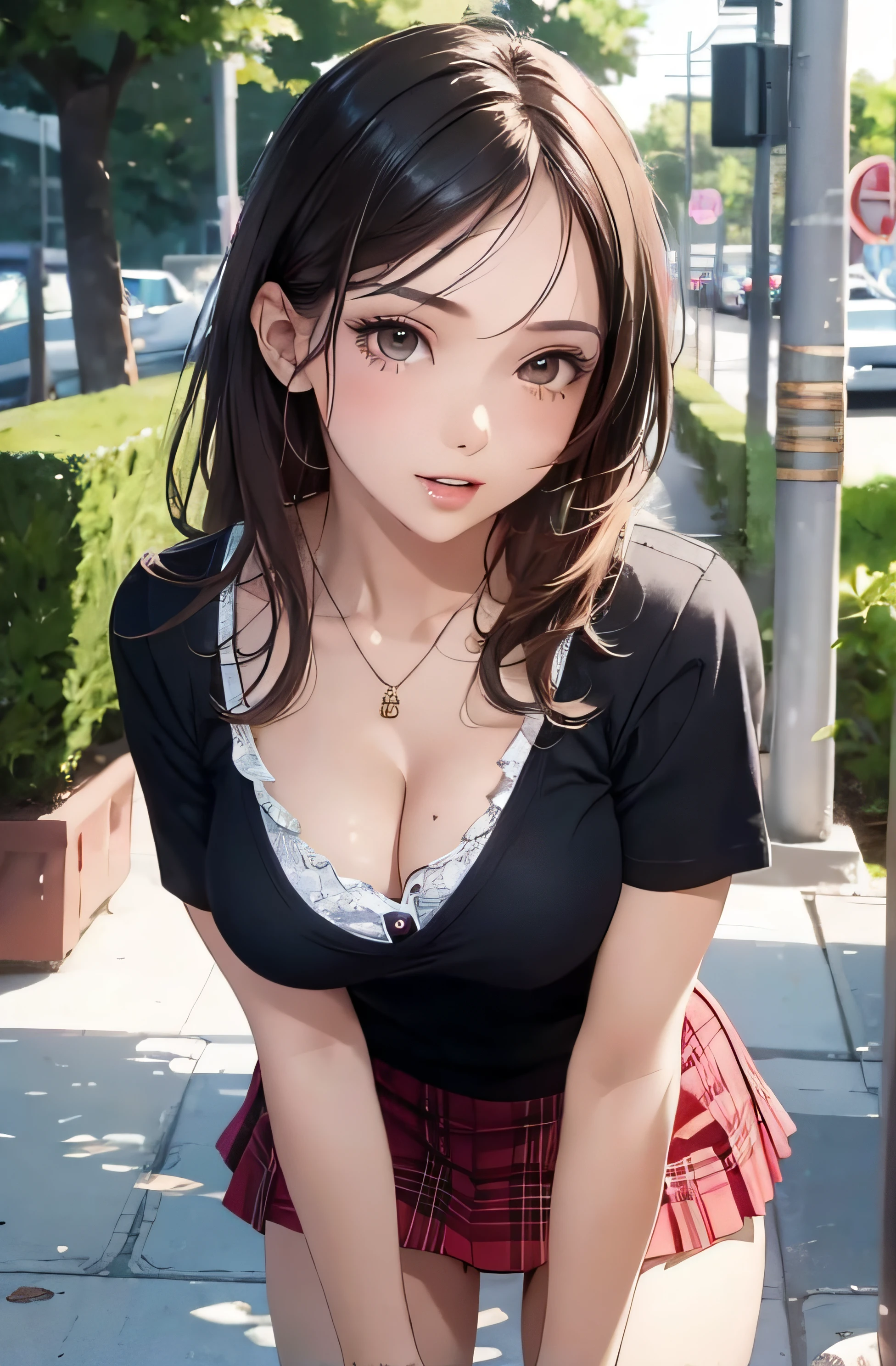 girl in summer clothes, casual skirt, making as if she wants to kiss you, (girl bending down looking at camera), medium breasts, random hair color, cleavage, random background, flirtatious look, ((very detailed)), (perfectly detailed face), (well detailed hand) photorealistic image.