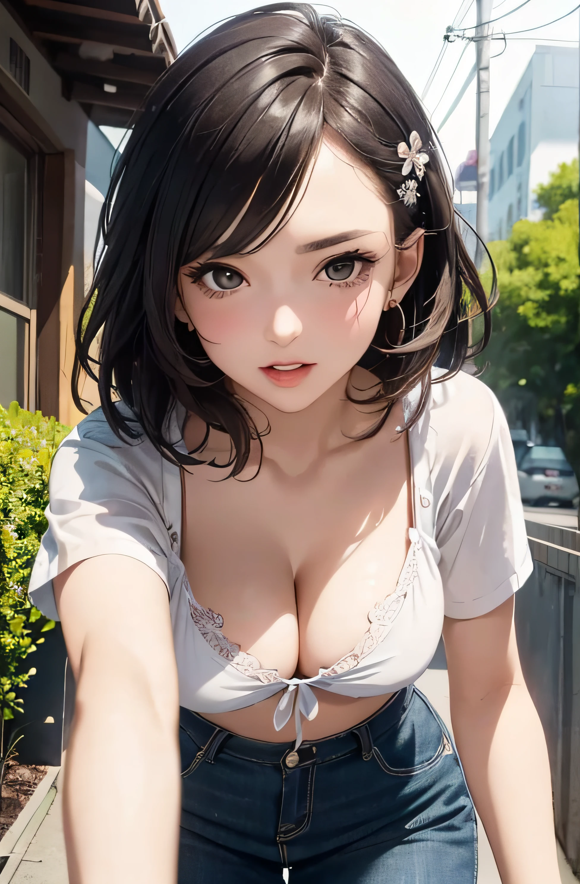 girl in summer clothes, casual skirt, making as if she wants to kiss you, (girl bending down looking at camera), ??????????????, random hair color, cleavage, random background, flirtatious look, ((very detailed)), (perfectly detailed face), (well detailed hand) photorealistic image.