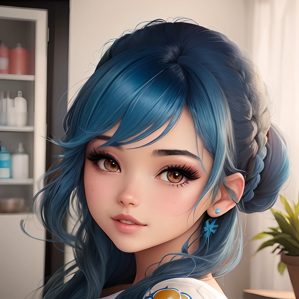 Chica anime de pelo azul con tono de piel morena