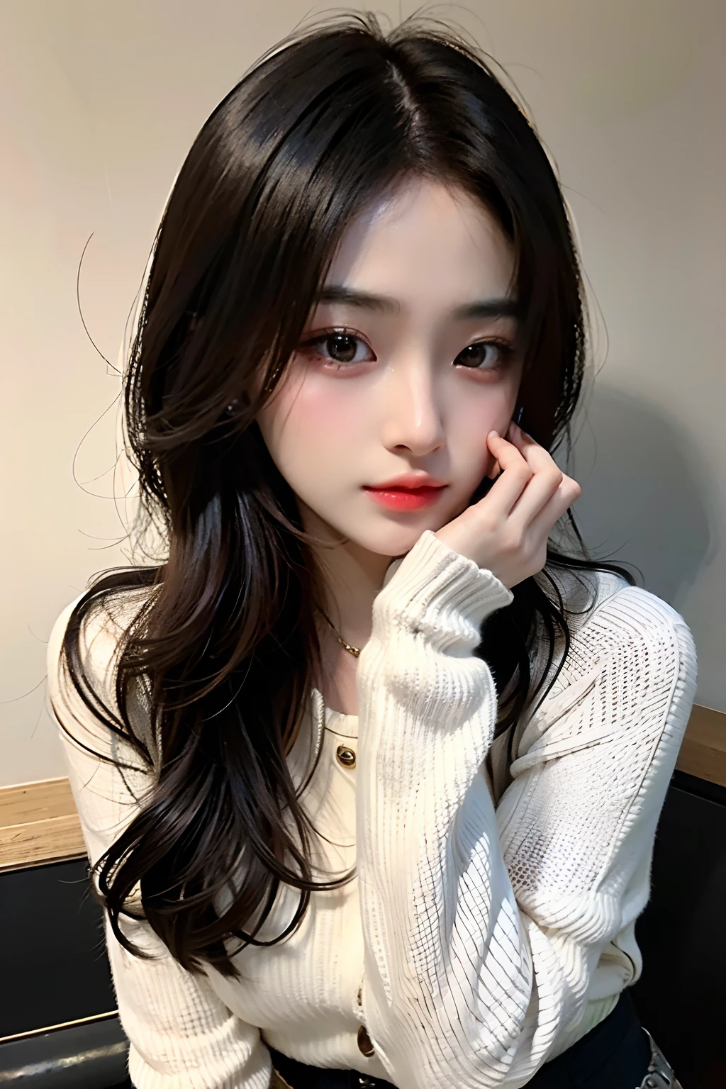 超A high resolution、​masterpiece、top-quality、selphie、Instagramer、
extra detailed face、A detailed eye、Very complex and、perfect glossy shiny skins、Perfect litthing、Detailed Lighting、Dramatic shadows、光线追踪、
1 girl in、The upper part of the body、Black sweater、Dynamic Poses、coffee shop
