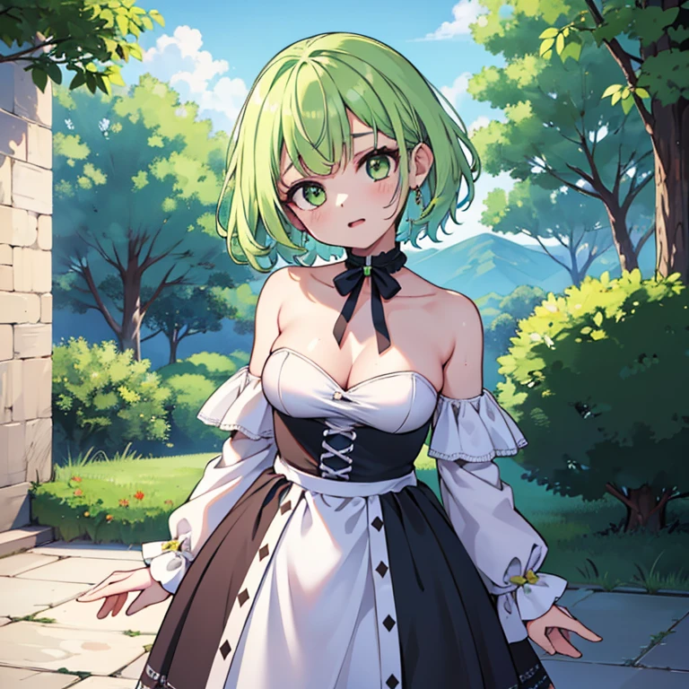 (8k, RAW photo, best quality, enhanced quality, (masterpiece:1.2),1girl,solo,short hair,green eyes, ceres fauna, \(hololive\),breasts, cleavage,off shoulder, bare shoulders, standing, stretch neck, head tilt, looking up, exposed sternocleidomastoid, exposed neck, neck vein, removed collar, neck sweat, strapless dress, facing front, tilting head to the side, stretched neck, bare neck, naked neck, neck exposed