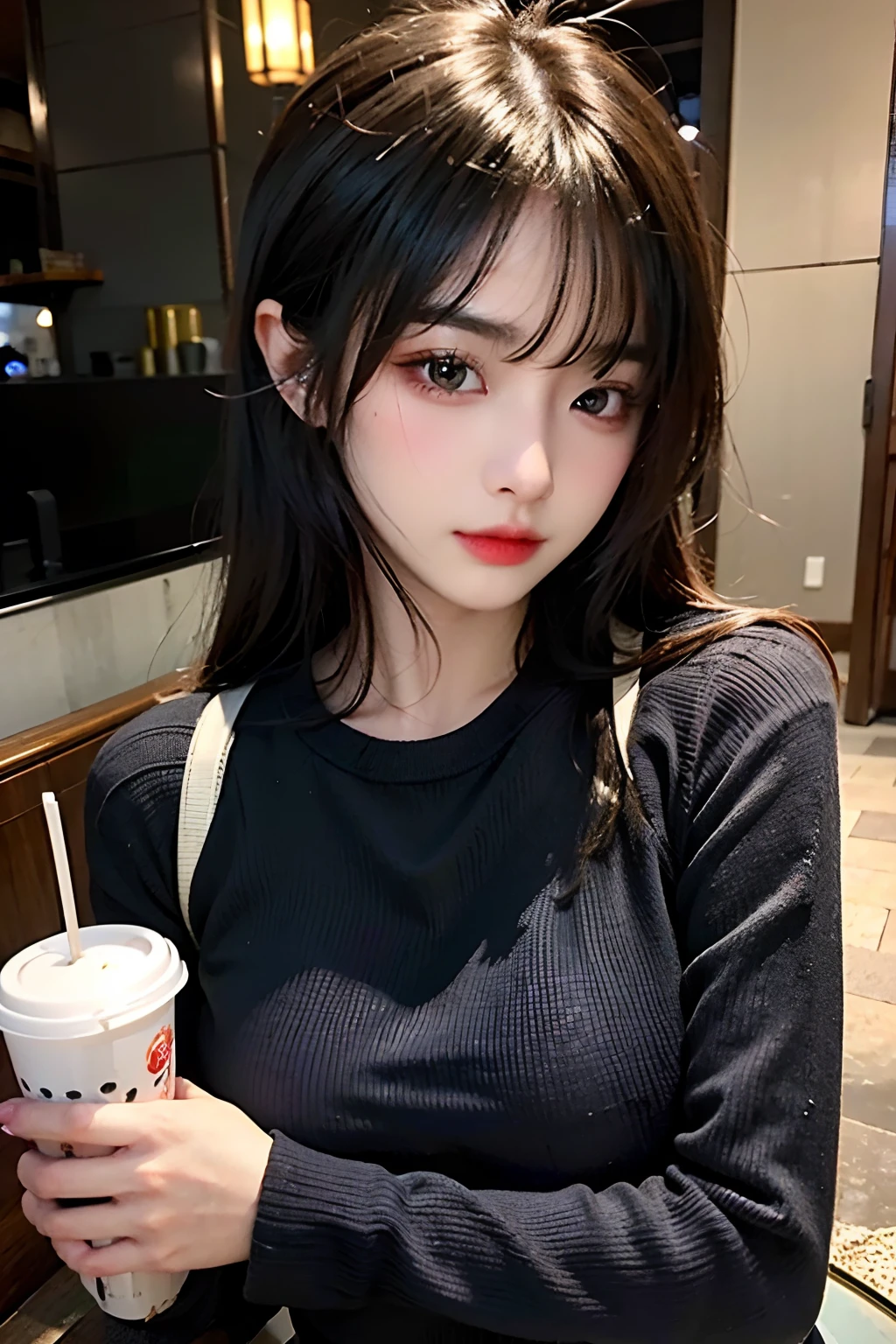 超A high resolution、masterpiece、top-quality、selphie、Instagramer、
extra detailed face、A detailed eye、Very complex and、perfect glossy shiny skins、Perfect litthing、Detailed Lighting、Dramatic shadows、光线追踪、
1 girl in、The upper part of the body、Black sweater、Dynamic Poses、coffee shop