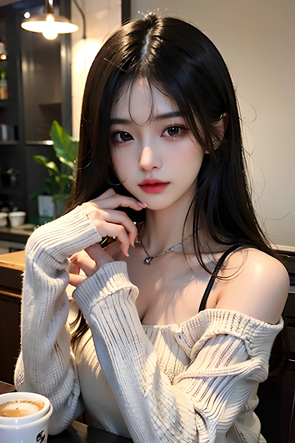 超A high resolution、masterpiece、top-quality、selphie、Instagramer、
extra detailed face、A detailed eye、Very complex and、perfect glossy shiny skins、Perfect litthing、Detailed Lighting、Dramatic shadows、光线追踪、
1 girl in、The upper part of the body、Black sweater、Dynamic Poses、coffee shop
