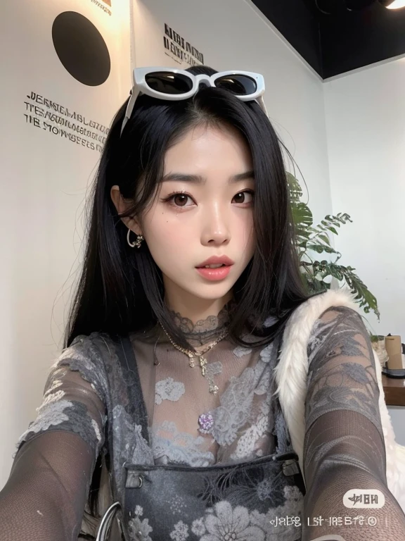 A closeup of a woman wearing sunglasses and a dress, Ulzzang, cruel korean goth girl, menina coreana, linda mulher coreana jovem, young cute wan asian face, wan adorable korean face, young adorable korean face, Beautiful Asian girl, maquiagem coreana popular, Jinyoung Canela, maquiagem sul-coreana popular, Asian girl, mulher coreana jovem bonita, Mulher sul-coreana bonita