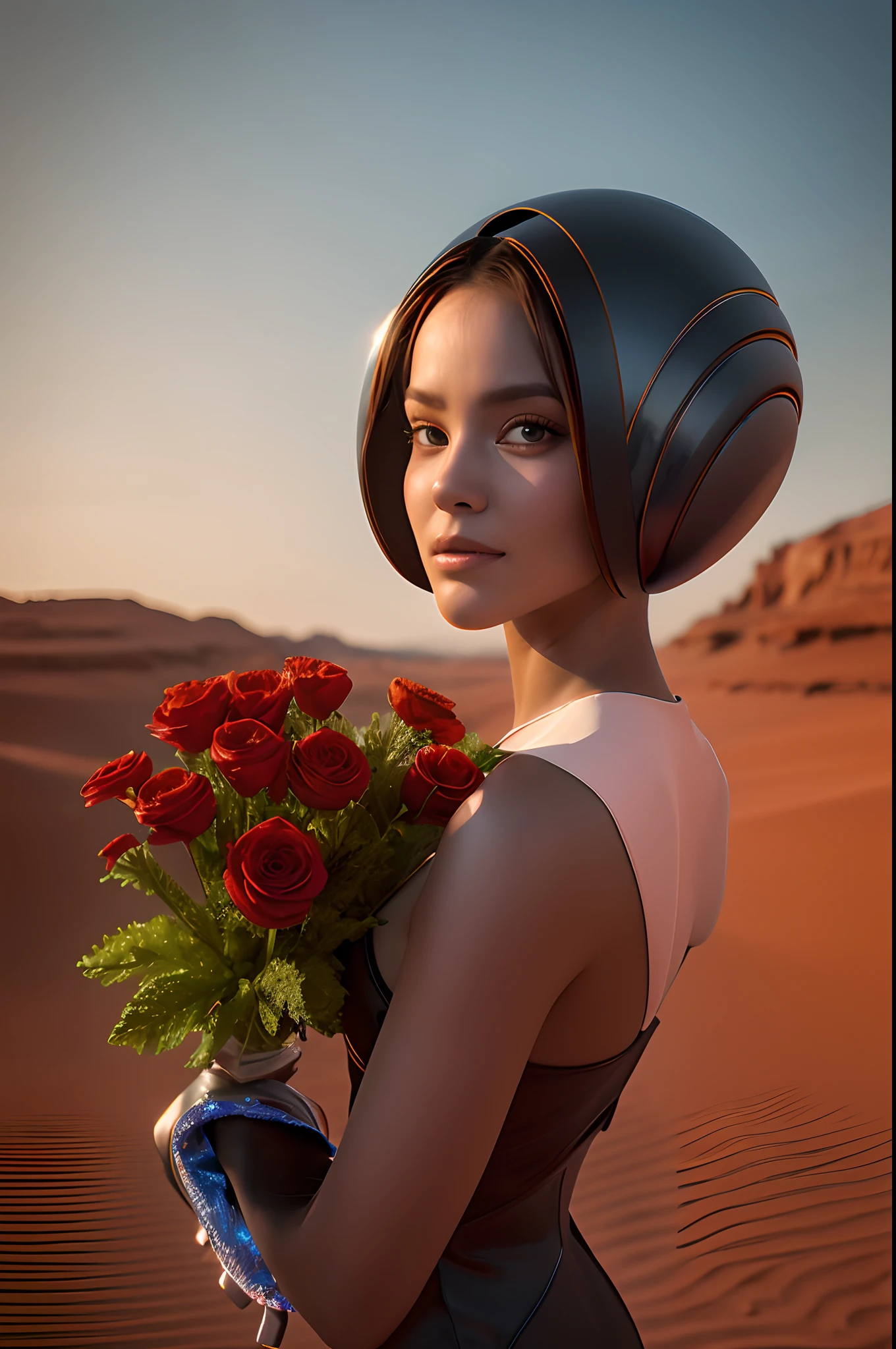 Super realistic photo of a beautiful alien from Mars, who holds in her hands a beautiful bouquet of alien unusual flowers, that do not exist on planet Earth. In the background is the landscape of Mars. ultrarealism, max detail, 8K