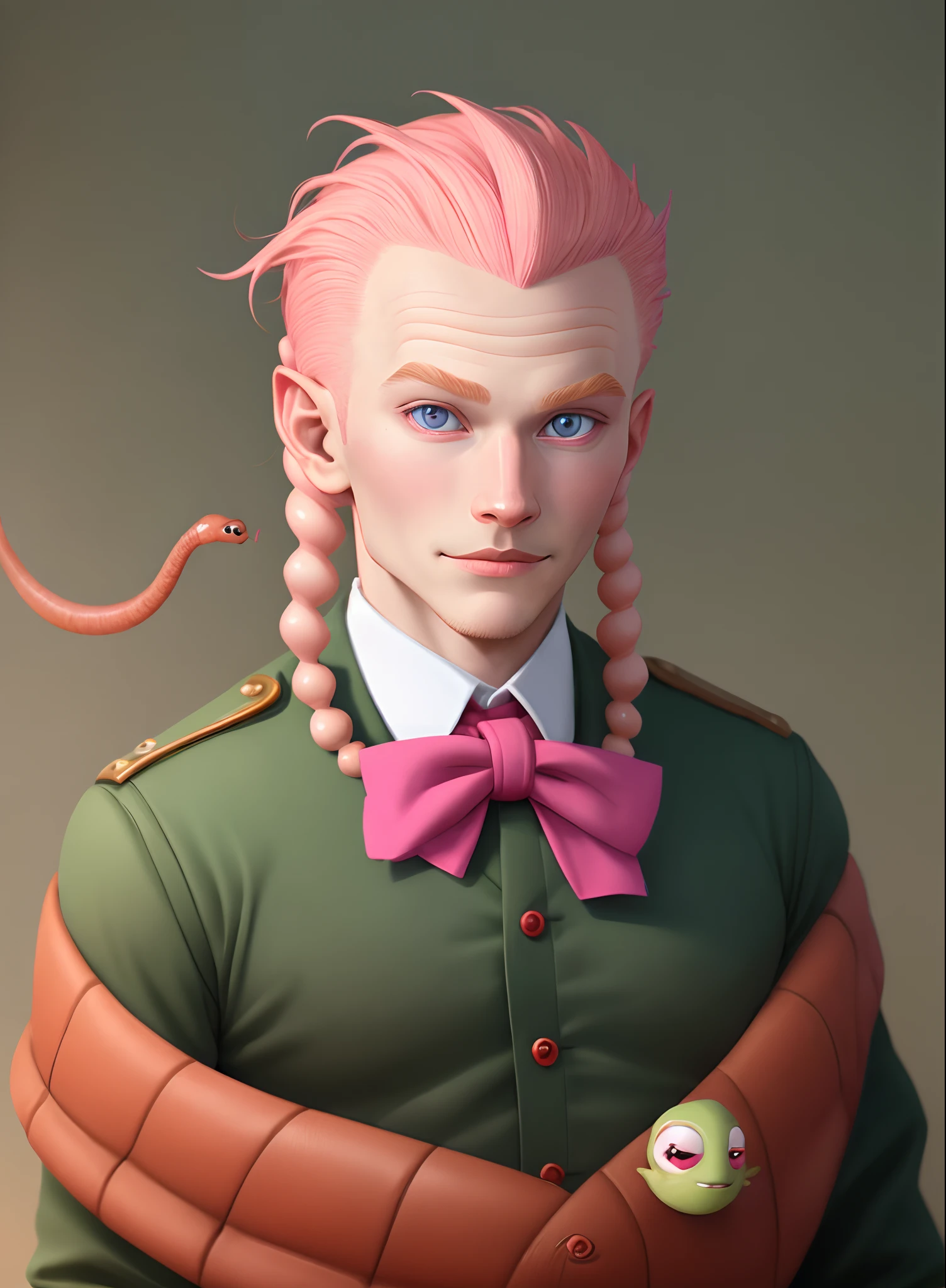 Earthworm orm with cute beady eyes and a pink bowtie