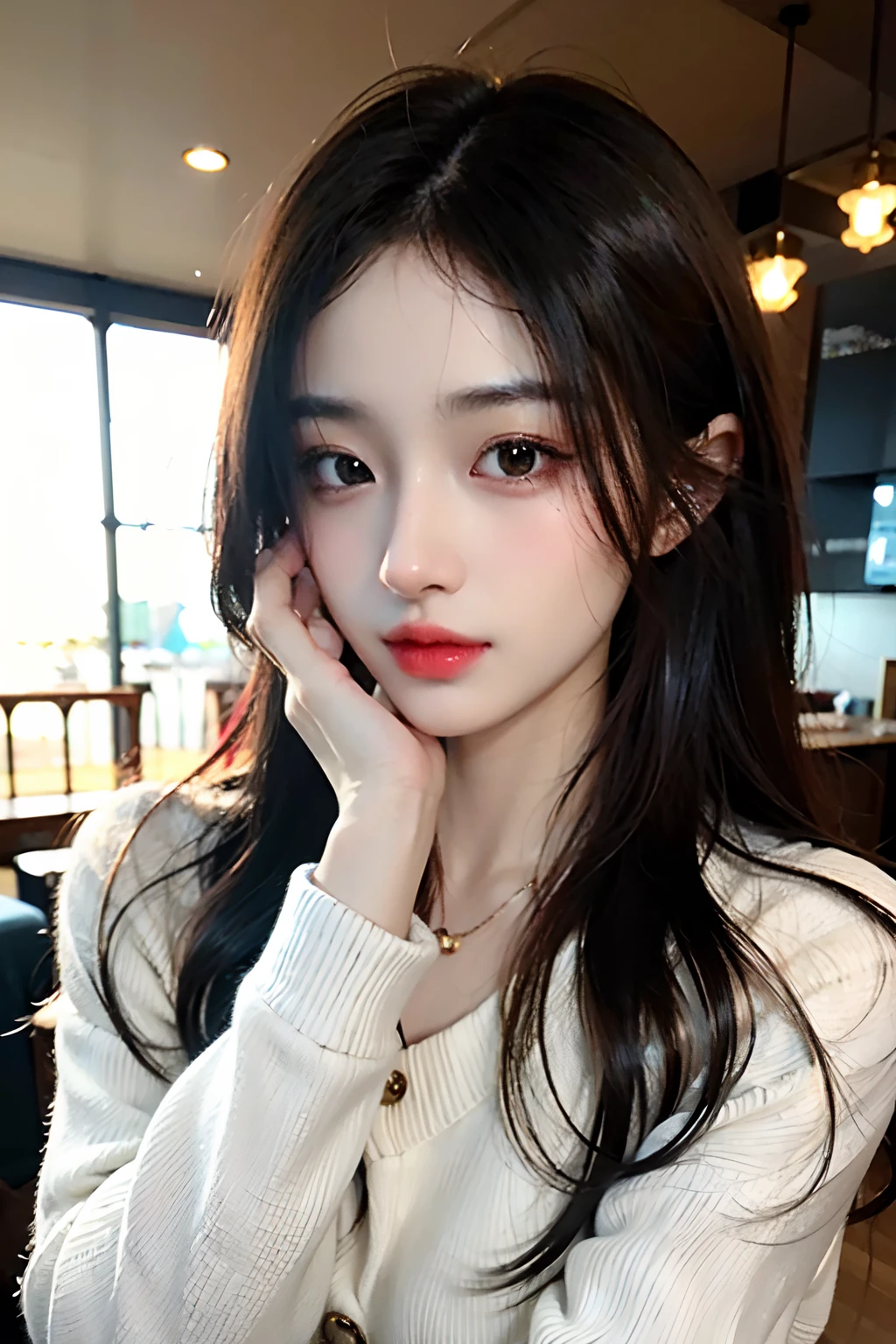 超A high resolution、masterpiece、top-quality、selphie、Instagramer、
extra detailed face、A detailed eye、Very complex and、perfect glossy shiny skins、Perfect litthing、Detailed Lighting、Dramatic shadows、光线追踪、
1 girl in、The upper part of the body、Black sweater、Dynamic Poses、coffee shop
