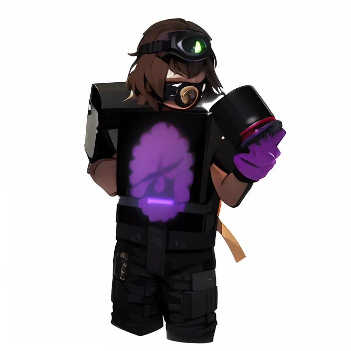 black background, mask, solo, brown hair, 1other, simple background, goggles, middle finger, gas mask, holding, virtual youtuber, ambiguous gender, censored, gloves, gun, black headwear, weapon, 1boy, looking at viewer