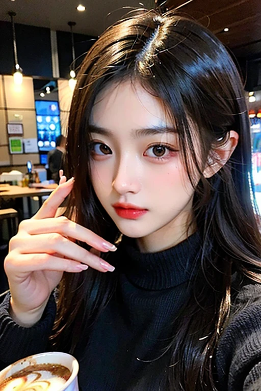 超A high resolution、masterpiece、top-quality、selphie、Instagramer、
extra detailed face、A detailed eye、Very complex and、perfect glossy shiny skins、Perfect litthing、Detailed Lighting、Dramatic shadows、光线追踪、
1 girl in、The upper part of the body、Black sweater、(Shy smile:0.4)、Dynamic Poses、coffee shop