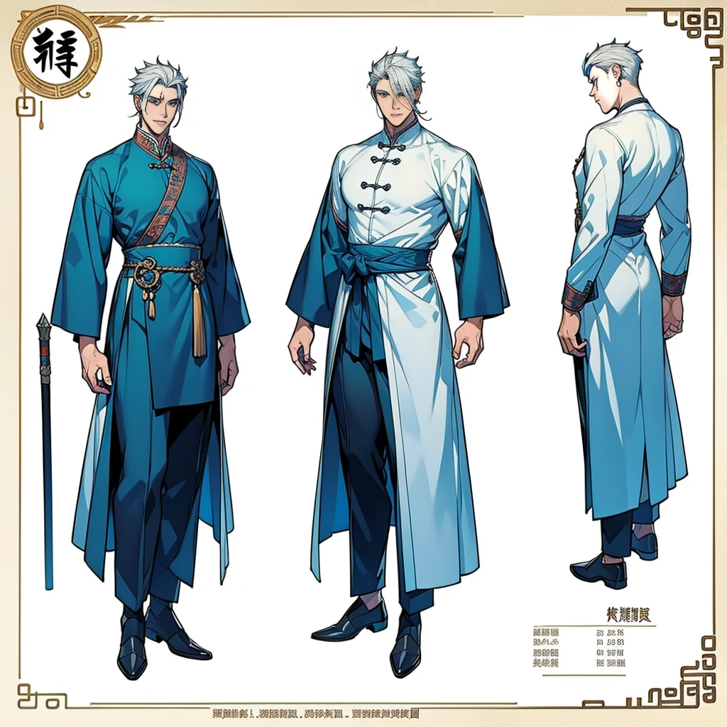 Character sheet, Handsome male. Perfect face, 6 ft 5 tall man. White hair. Short hair. Grey eyes. Eyepatch. Earrings. Toned body. Muscular male, character design sheet，full bodyesbian, Full of details, body front view, body back view,  Full body, front and back view, muscle body, Traditional chinese clothes. Hydro vision. ((Masterpiece, Highest quality)), Detailed face, character design sheet, full body esbian, Full of details, frontal body view, back body view, Highly detailed, Depth, Many parts,