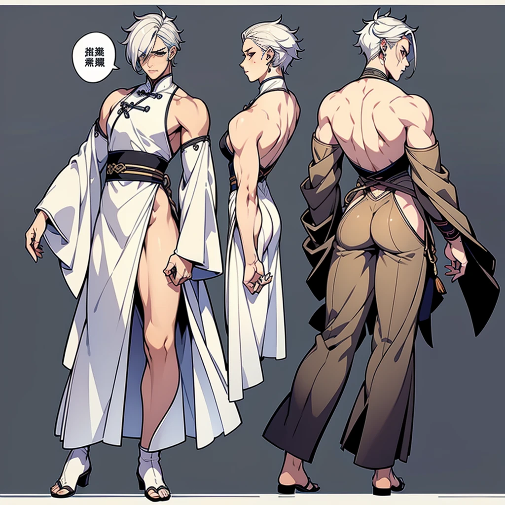 Character sheet, Handsome male. Perfect face, 6 ft 5 tall man. White hair. Short hair. Grey eyes. Eyepatch. Earrings. Toned body. Muscular male, character design sheet,full bodyesbian, Full of details, body front view, body back view, Full body, front and back view, muscle body, Traditional chinese clothes. Hydro vision. ((Masterpiece, Highest quality)), Detailed face, character design sheet, full body esbian, Full of details, frontal body view, back body view, Highly detailed, Depth, Many parts,