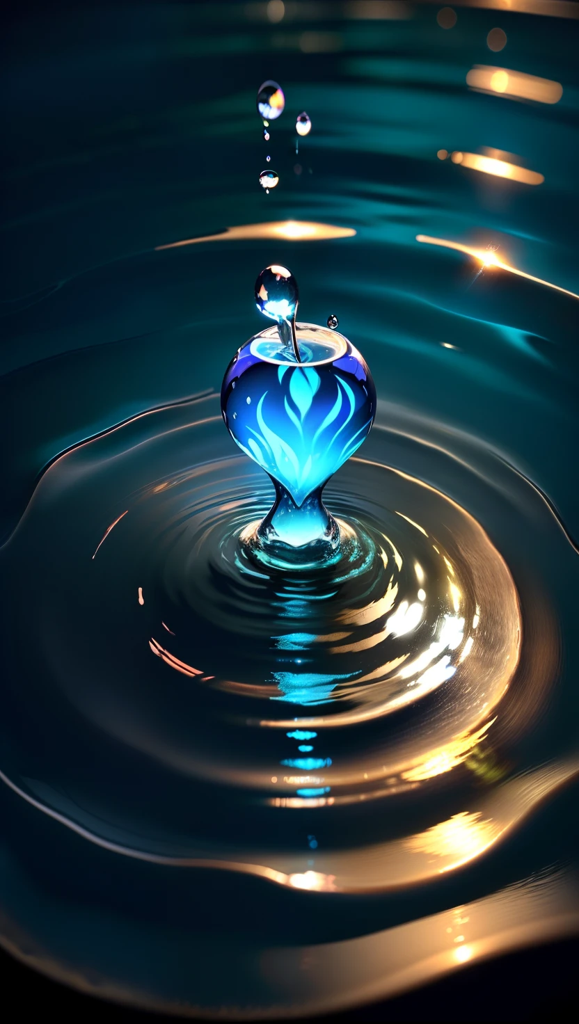 A drop of water drops on the clear water,There is a flame on the water droplet。