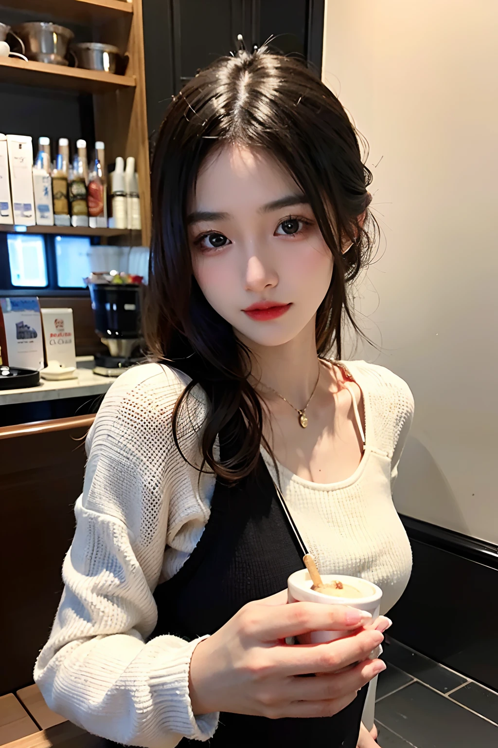 超A high resolution、masterpiece、top-quality、selphie、Instagramer、
extra detailed face、A detailed eye、Very complex and、perfect glossy shiny skins、Perfect litthing、Detailed Lighting、Dramatic shadows、光线追踪、
1 girl in、The upper part of the body、Black sweater、(Shy smile:0.4)、Dynamic Poses、coffee shop