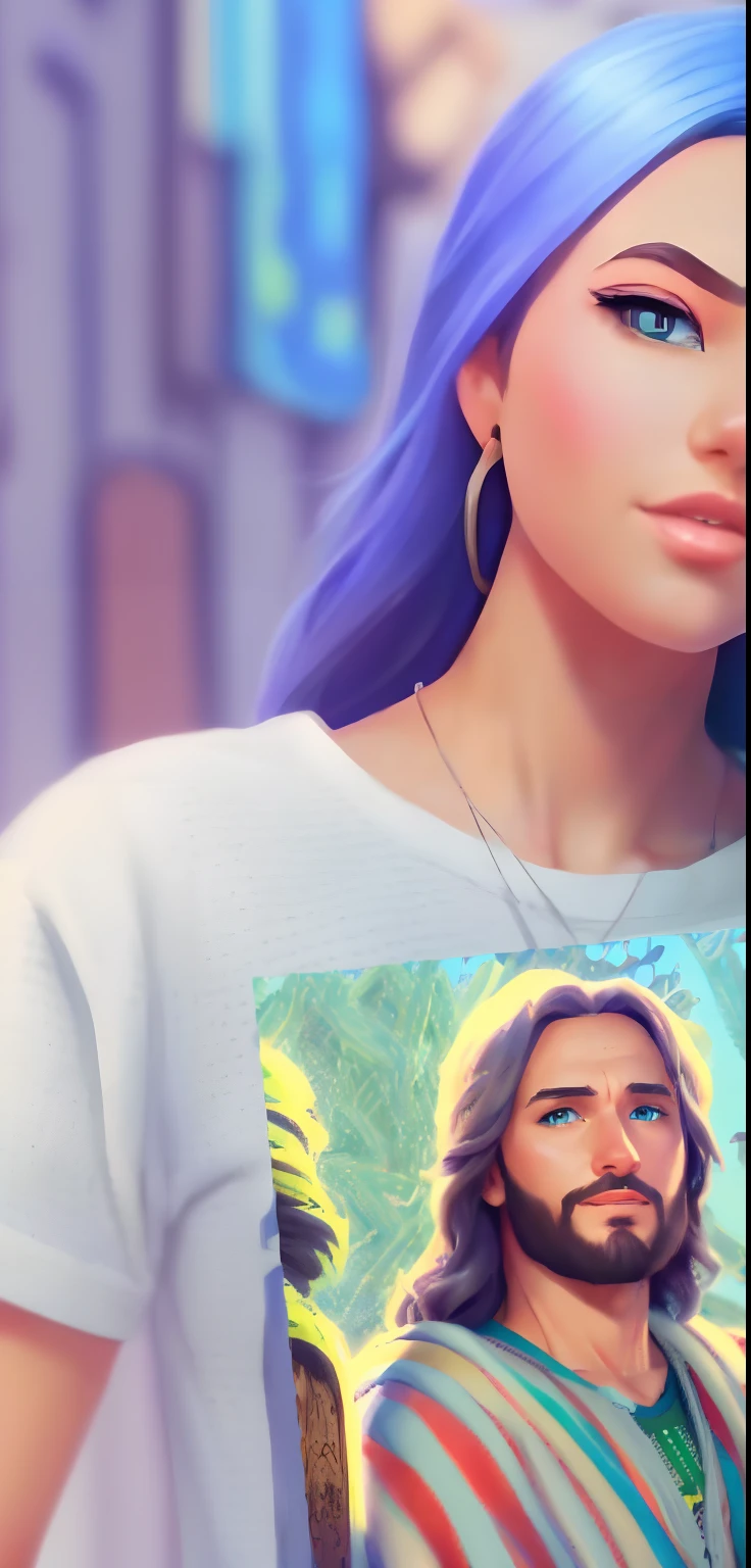 a woman with blue hair and a white shirt holding a picture of jesus, detailed fanart, patron saint of 🛸🌈👩🏾, official fan art, dressed like jesus christ, inspired by Scott Gustafson, official fanart, commission for high res, jesus christ, gigachad jesus, young almighty god, jesus, as seen on artgerm, epic portrait illustration