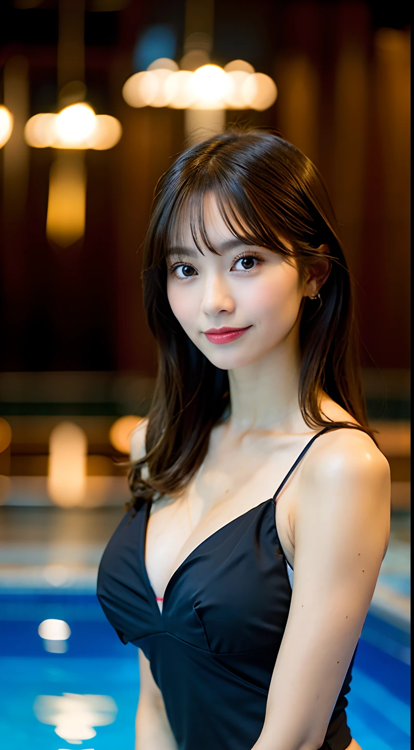good hand,4k, high-res, masterpiece, best quality, head:1.3,((Hasselblad photography)), finely detailed skin, sharp focus, (cinematic lighting), collarbone, night, soft lighting, dynamic angle, [:(detailed face:1.2):0.2], armpit crease, thigh gap, black clothes, slender, medium breasts, cleavage,(((5 stars hotel pool background))), outside