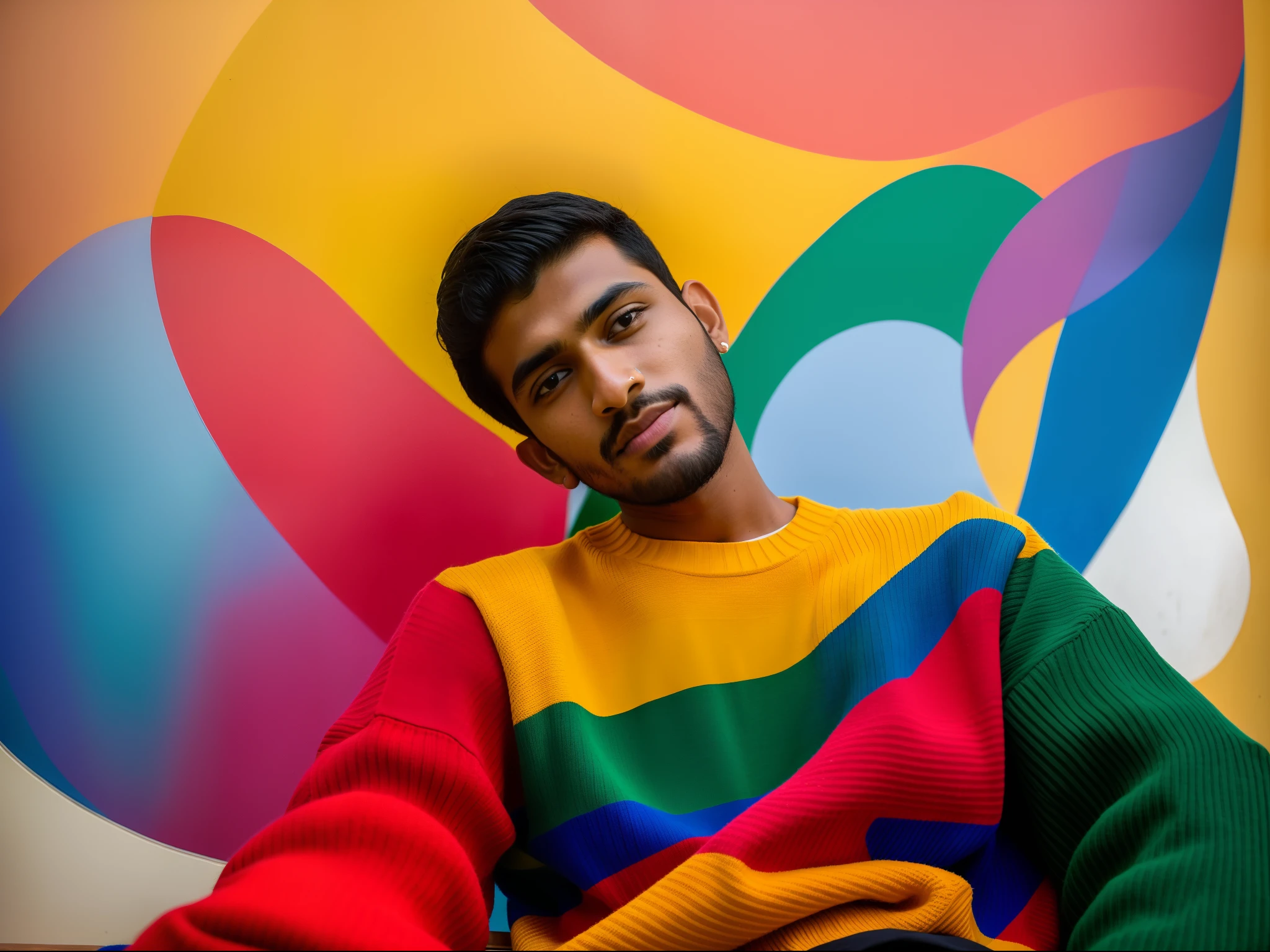 there is a man sitting on a bench with a colorful sweater, candid picture, with accurate face, ayan nag, very very low quality picture, jayison devadas, with kind face, shot on nikon z9, colorful picture, portrait shot 8 k, facebook profile picture, background is heavenly, riyahd cassiem, vinayak, portrait mode photo