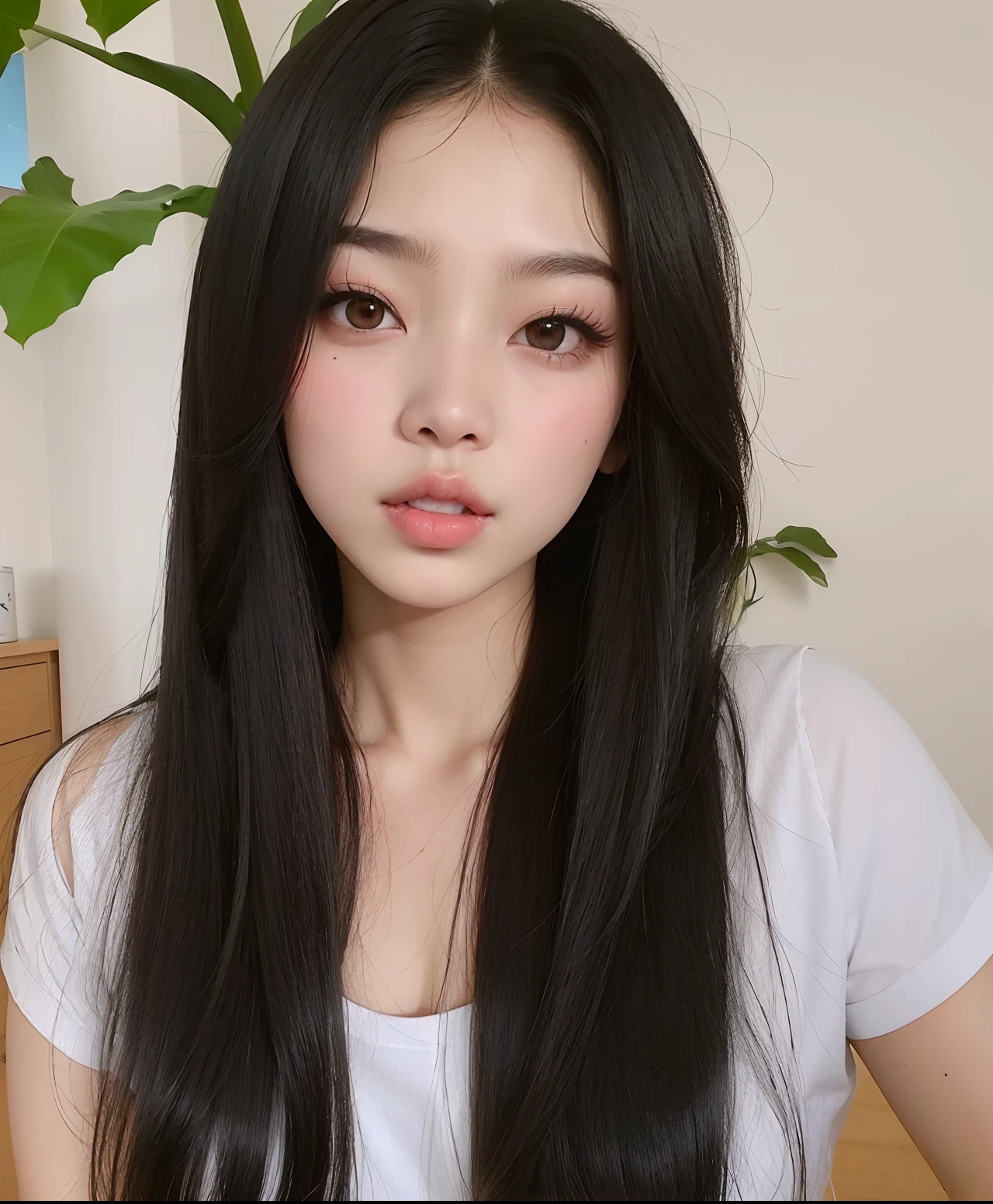mulher arafed com longos cabelos pretos e uma camisa branca, Ulzzang, preto hime corte cabelo, branco hime corte penteado, coreana, com cabelos longos, cruel korean goth girl, korean symmetrical face, Jaeyeon Nam, Mulher sul-coreana bonita, com cabelo preto liso, young adorable korean face, jennie blackpink, korean face features