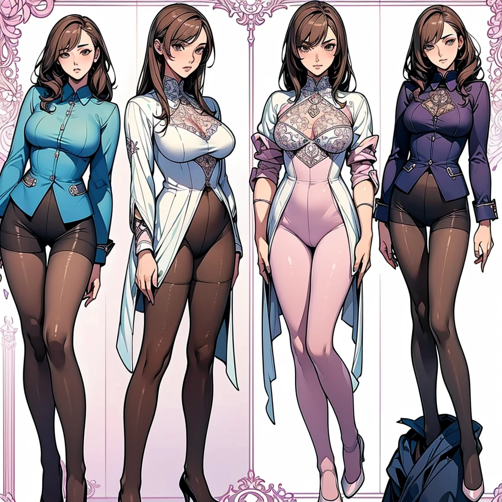 ((Masterpiece, Highest quality)), Detailed face, CharacterDesignSheet,full bodyesbian, perfectly proportions,Full of details, Multiple poses and expressions, Highly detailed, Depth, Many parts,Beautiful girl,Suits,lacepantyhose,Light pink pupils,epic exquisite character art,Natural light