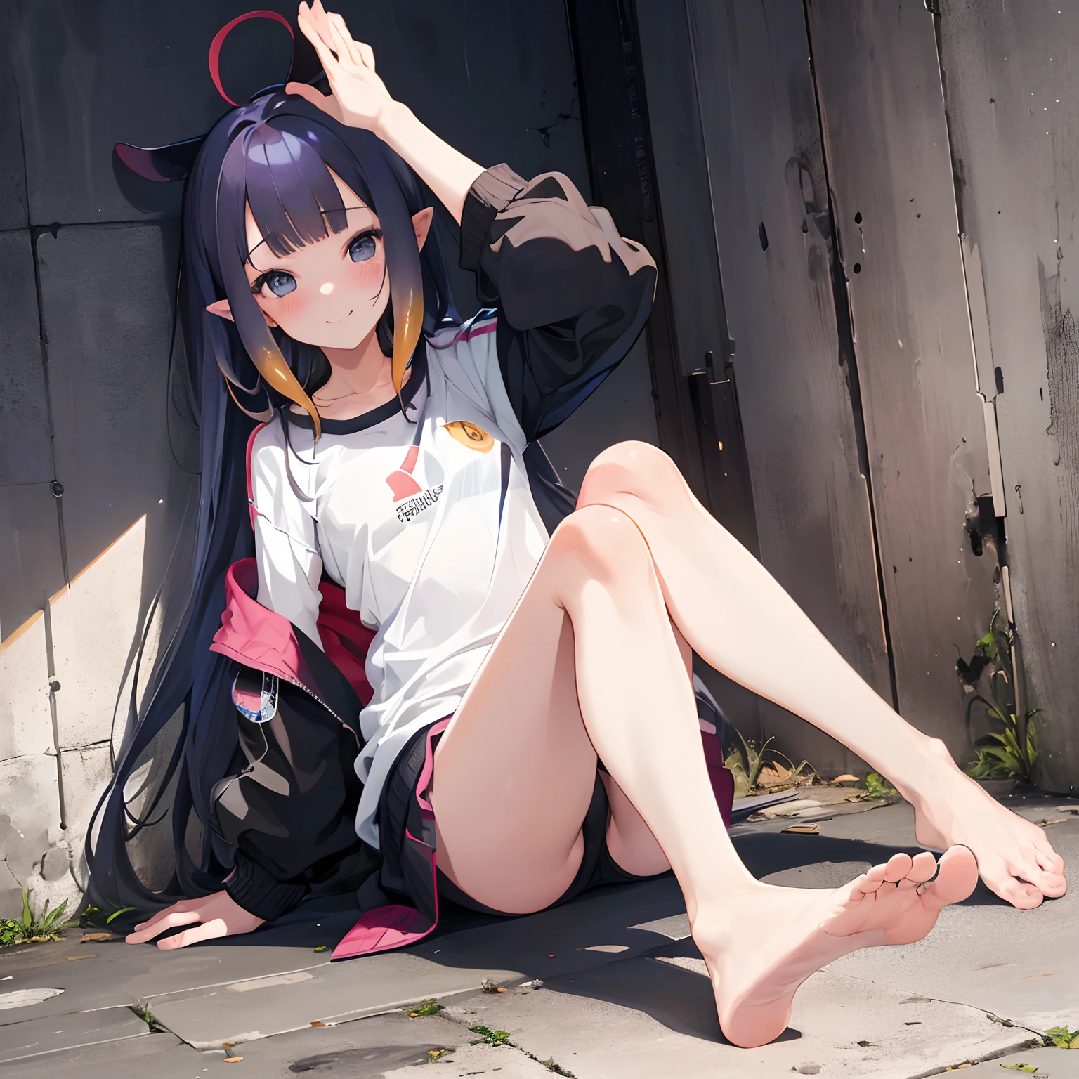 ((Ninomae Ina'nis)), ((Masterpiece)), (highly saturated), from front, (High Definition:1.3), (Professional Photography:1.2), (flat body), ahoge, (blush, very naughty laugh face), bright, 1girl, sportswear,no shirt,solo, bare_feet, (exposed sole of foots), (Sit with legs outstretched), sit on the ragged ground, against the wall
