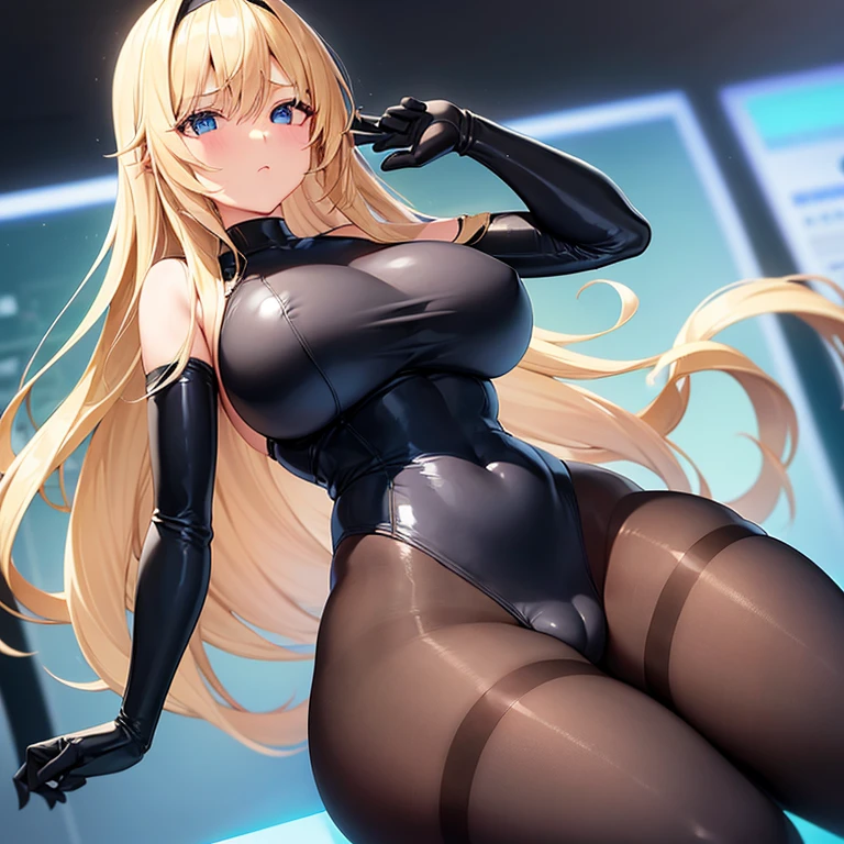 1girl, blonde hair, large breasts, breasts, thick thighs, wide hips, blue eyes, bodysuit, black bodysuit, pantyhose, long hair, serious, science-fiction, tech, futuristic, black pantyhose, thighhighs, neon, blue clothes, black clothes