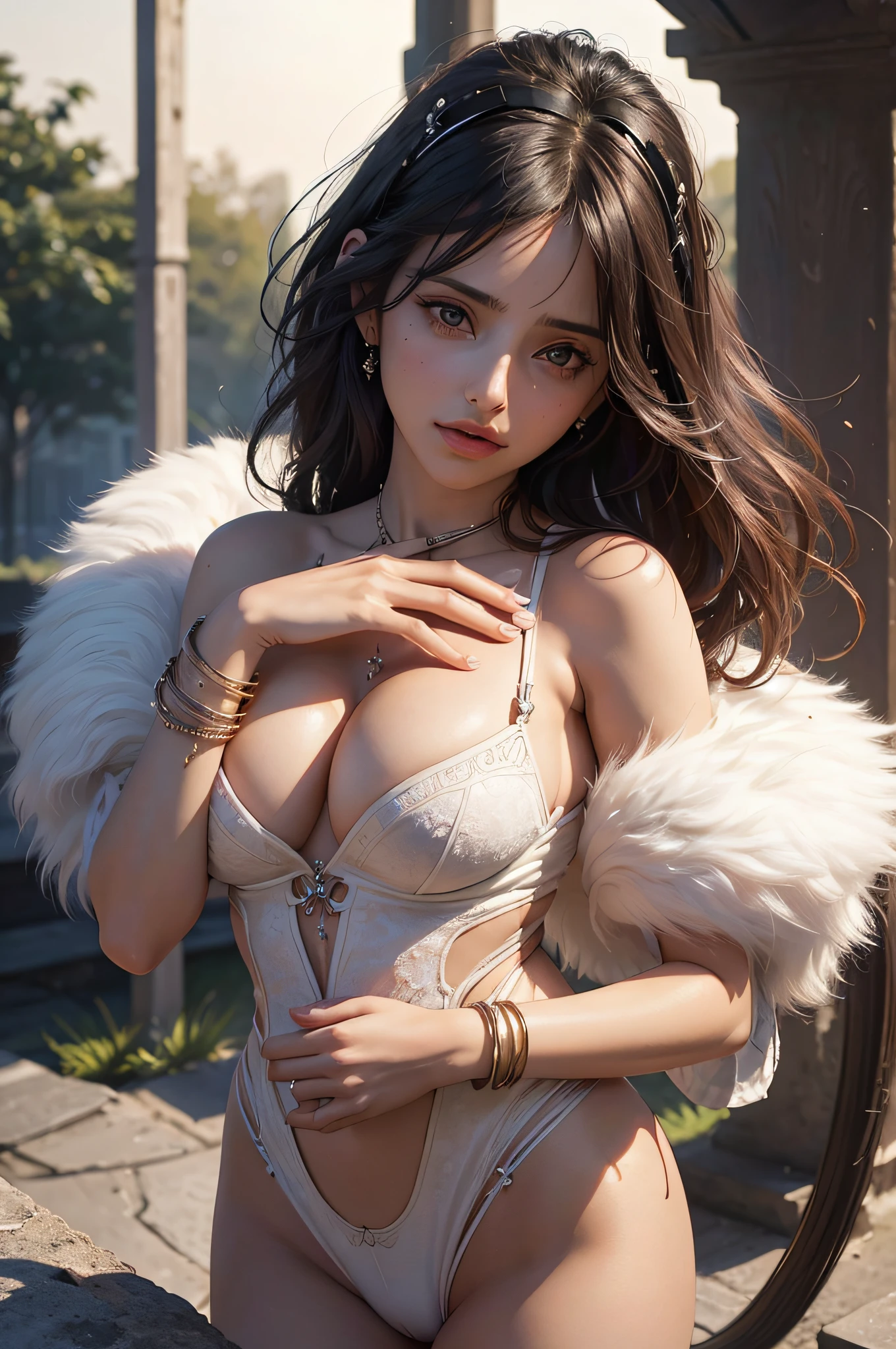 2girl, 2 girl, waist up, concept art, [shu qi:Penelope Cruz:1], grabbing vagina, masturbating touching her breast naked her vagina no panties, Ruff, Anklet, Makeup, loop lighting, 80mm, official art, unity 8k wallpaper, ultra detailed, aesthetic, masterpiece, best quality, photorealistic