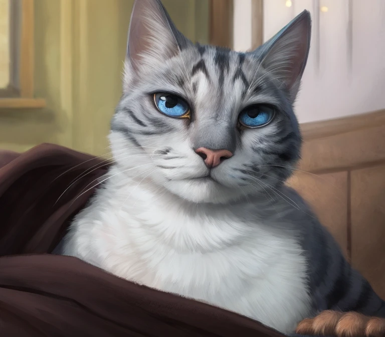 there is a cat that is laying down on a blanket, piscando um olho, winking at the camera, ela tem os olhos cansados, Estrabismo, gato triste, one of his eyes is scratched, serious sad look in his eyes, tristes olhos azuis, Carrancudo,
