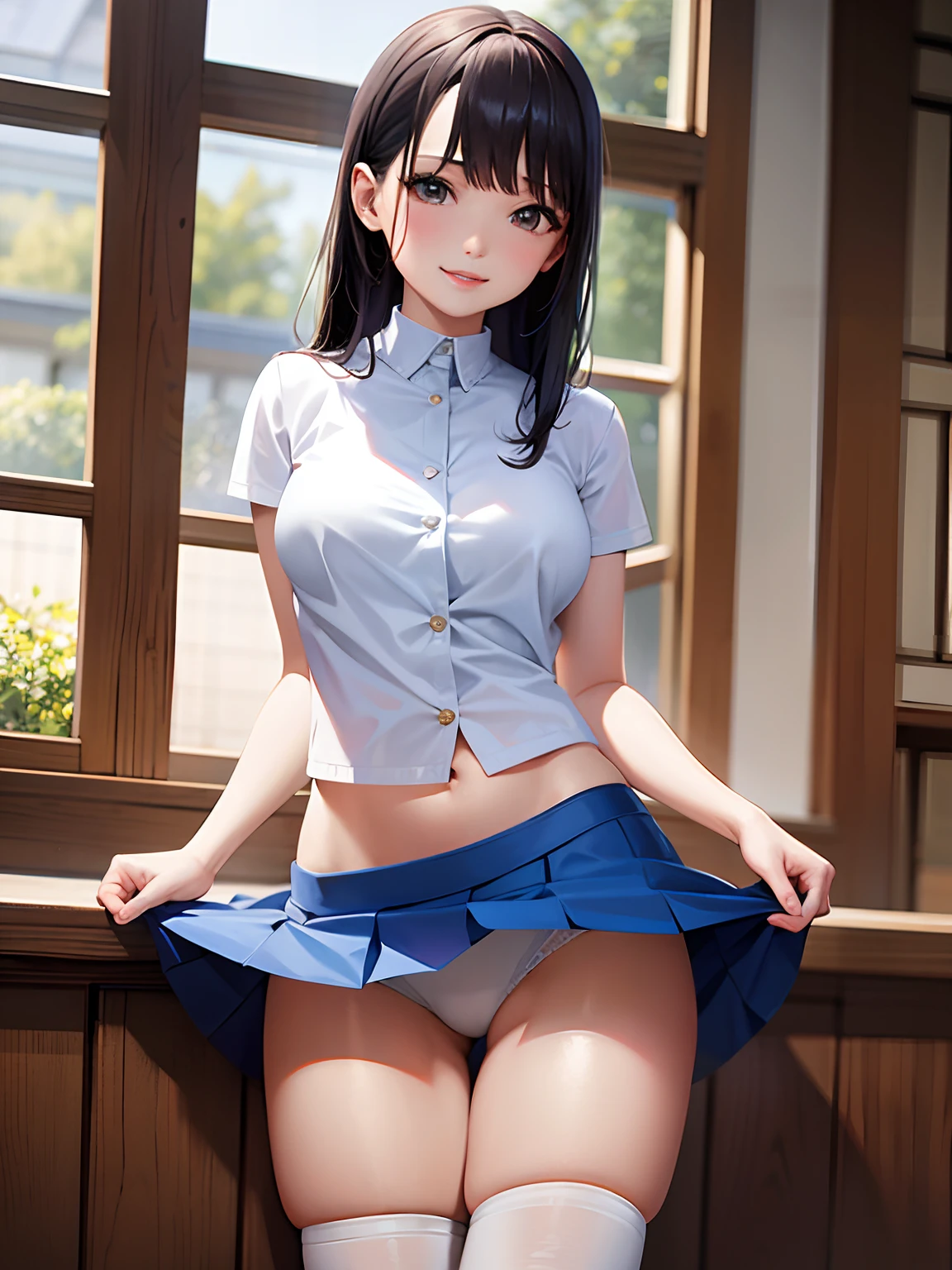 arafed asian woman in a white shirt and blue skirt, Japanese Models, Young skinny gravure idol, Young Pretty Gravure Idol, Young Sensual Gravure Idol, Realistic Young Gravure Idol, wearing white outfit, a japanese girl, thighhighs and skirt, Teasing smile, Wearing tight simple clothes, young and cute girl, Smooth white tight clothes suit, Young Gravure Idol