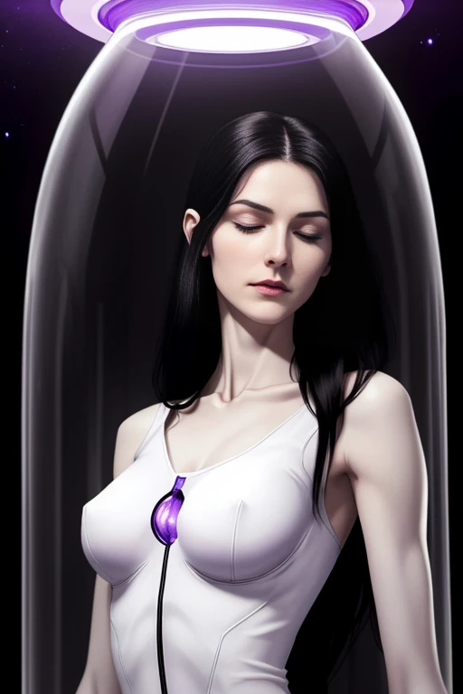 Thin anorexic woman, pale, long neck, long black hair, large breasts, hour glass frame.wears a purple v neck bodysuit, she is on a space ship. She is inside a stasis glass tube. She is asleep with her eyes closed