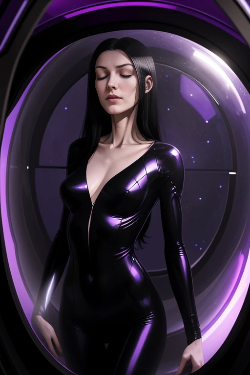 Thin anorexic woman, pale, long neck, long black hair, large breasts, hour glass frame.wears a purple v neck bodysuit, she is on a space ship. She is inside a stasis glass tube. She is asleep with her eyes closed