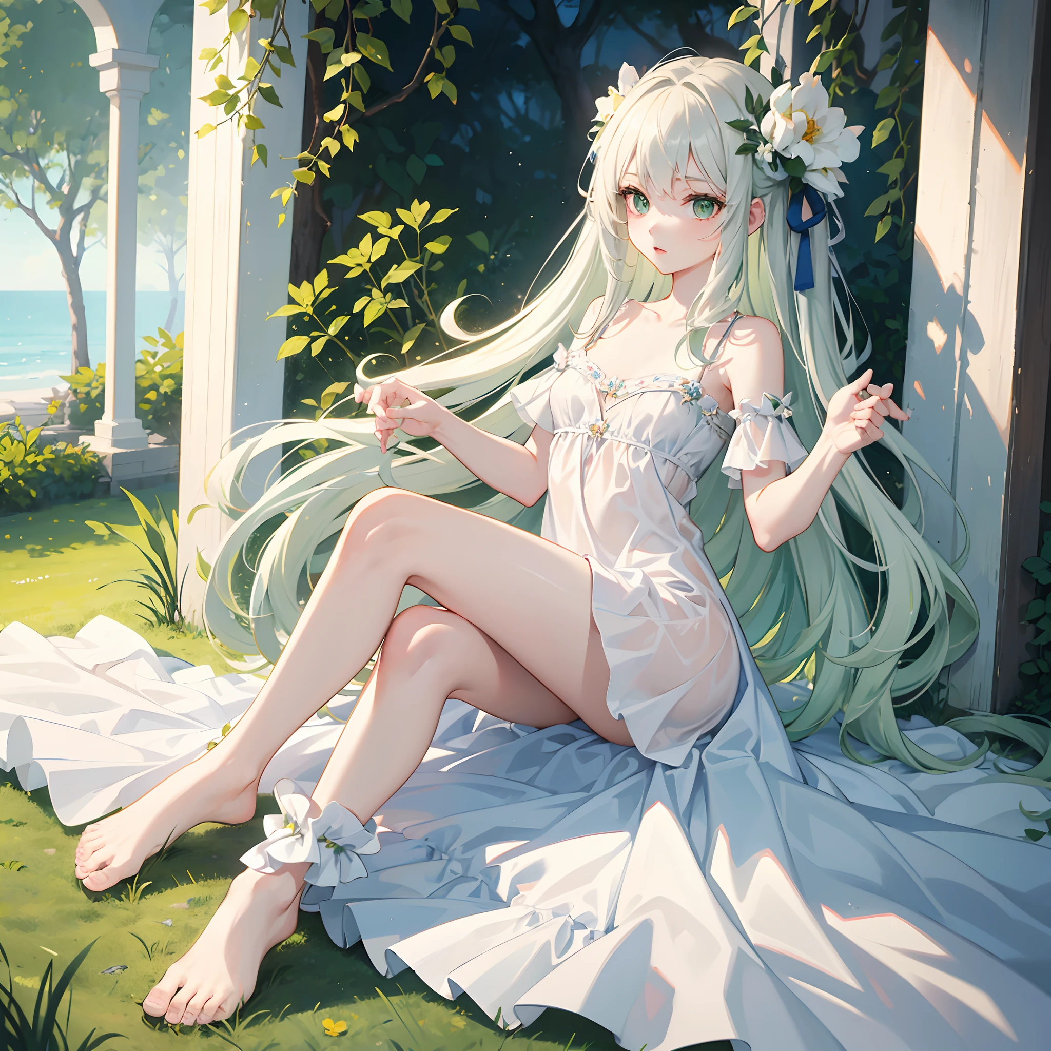 (masterpiece)top quality,high detail,1 girl(9years),pale skin,green eyes long white hair that neatly flows to her feet,barefoot,simple white knee length dress(Nightgown)