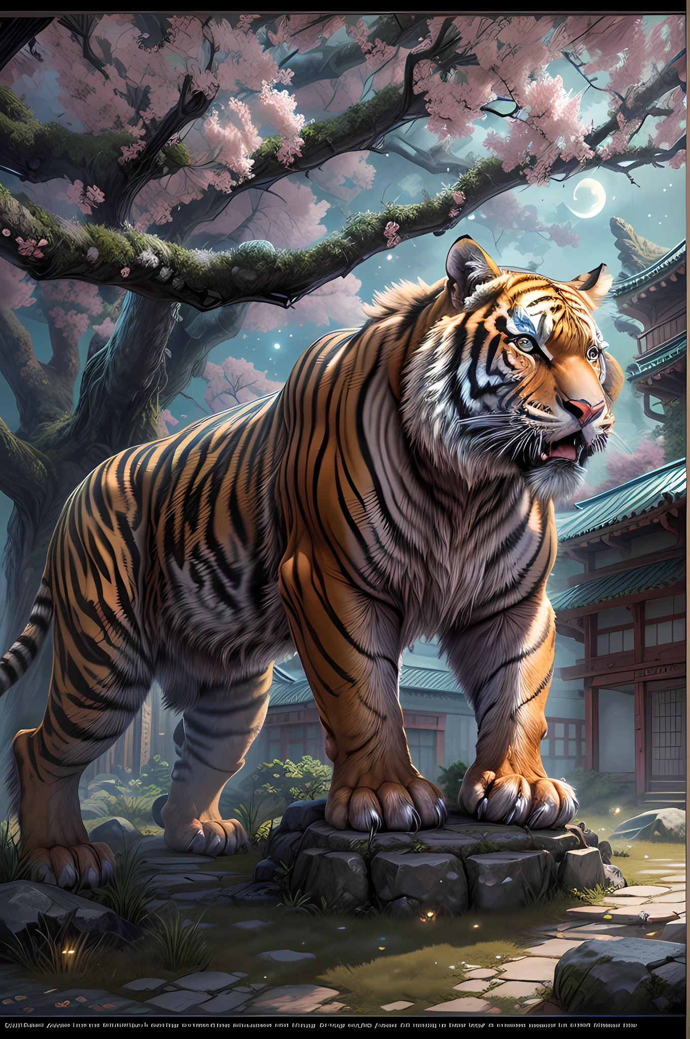 fantasy art, RPG art, an award winning, National Geographic illustration, of an epic saber tooth tiger(best details, Masterpiece, best quality: 1.5) crouching under a massive epic cherry tree (best details, Masterpiece, best quality: 1.5) 16k, ultra detailed, masterpiece, best quality, (extremely detailed) , its night time, moon light, stars light, Japanese Mediaeval street 3d rendering