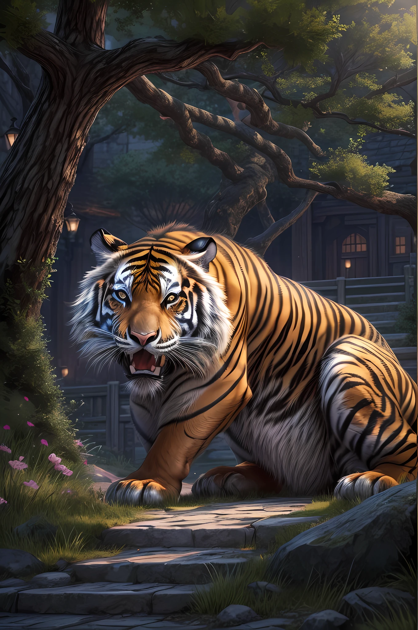 fantasy art, RPG art, an award winning, National Geographic illustration, of an epic saber tooth tiger(best details, Masterpiece, best quality: 1.5) crouching under a massive epic cherry tree (best details, Masterpiece, best quality: 1.5) 16k, ultra detailed, masterpiece, best quality, (extremely detailed) , its night time, moon light, stars light, Japanese Mediaeval street 3d rendering