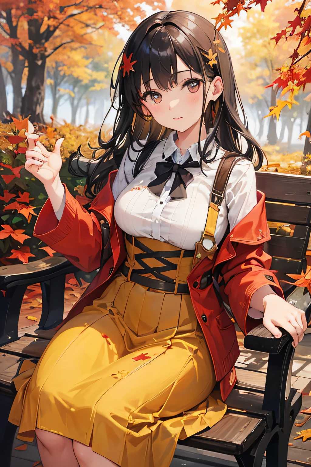 portrait of a cute girl in an autumn setting, with a unique perspective. beautiful detailed eyes and lips, capturing the essence of her beauty. The girl is wearing colorful fall attire, with leaves falling gently around her. The scene is bathed in warm, golden light, bringing out the vibrant colors of the season. The foliage is rich and varied, with a mix of red, orange, and yellow leaves. The girl is sitting on a wooden bench, surrounded by a picturesque garden filled with blooming flowers and rustic elements. The overall image quality is top-notch, with ultra-detailed features and realistic rendering. The artwork is done in a painterly style, evoking a sense of whimsy and charm. The colors are carefully selected to create a cozy and inviting atmosphere, perfectly capturing the spirit of autumn.