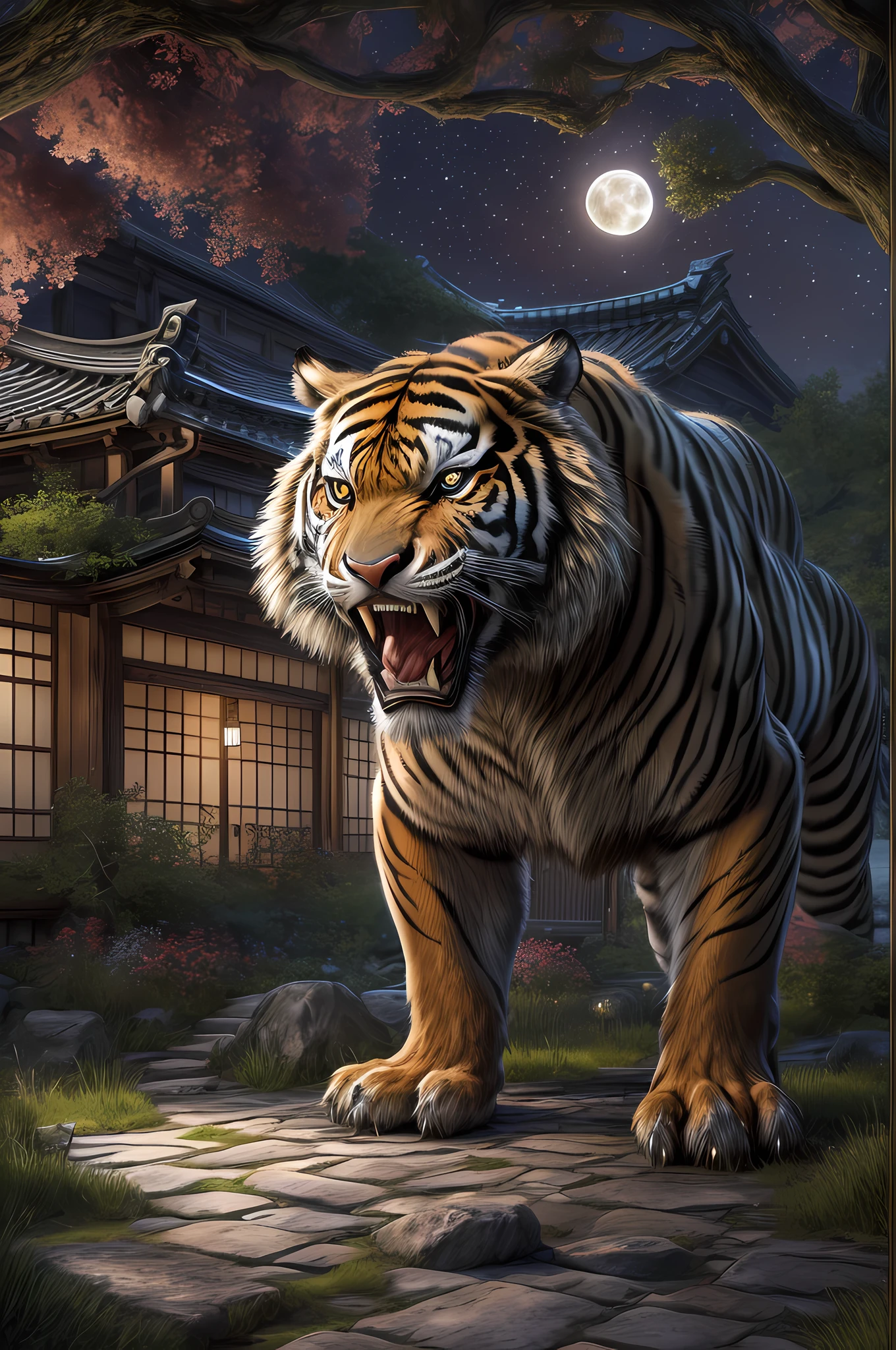 fantasy art, RPG art, an award winning, National Geographic illustration, of an epic saber tooth tiger(best details, Masterpiece, best quality: 1.5) crouching under a massive epic cherry tree (best details, Masterpiece, best quality: 1.5) 16k, ultra detailed, masterpiece, best quality, (extremely detailed) , its night time, moon light, stars light, Japanese Mediaeval street 3d rendering