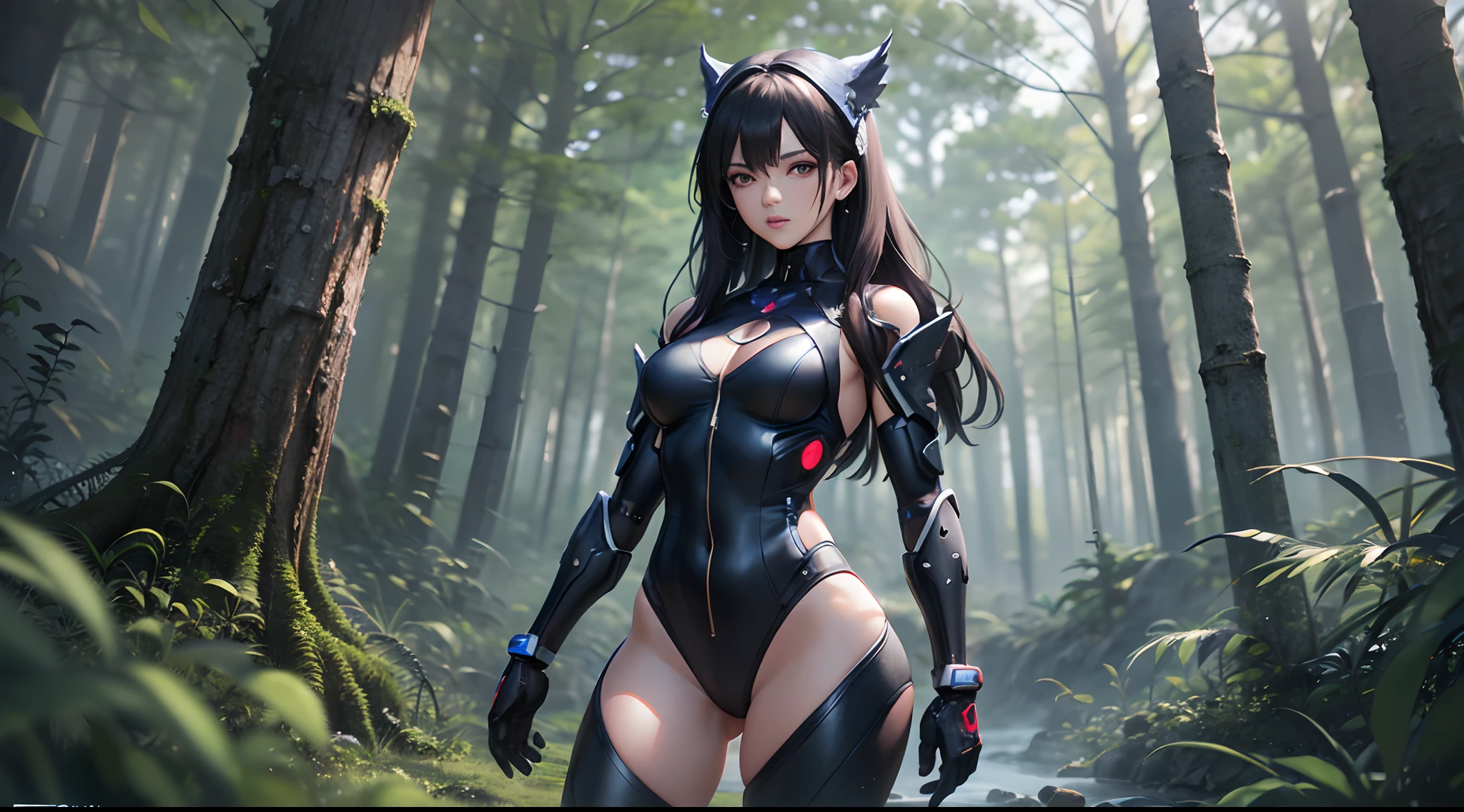 anime style, Slavic womam wide hip extreme beauty dark Makeup Full Body In cybernetic leotard Outfit Outside On dark forest ((Skinny Petite)), Photorealistic Photo Masterpiece Realistic Realism Photorealism High Contrast Photorealistic Digital Art Trending in Artstation 8k HD High Definition Detailed Detailed Skin Texture Hyper-Detailed Realistic Skin Texture Armor Best Quality Ultra High Resolution, (Photorealistic: 1.4), High Resolution --auto --s2