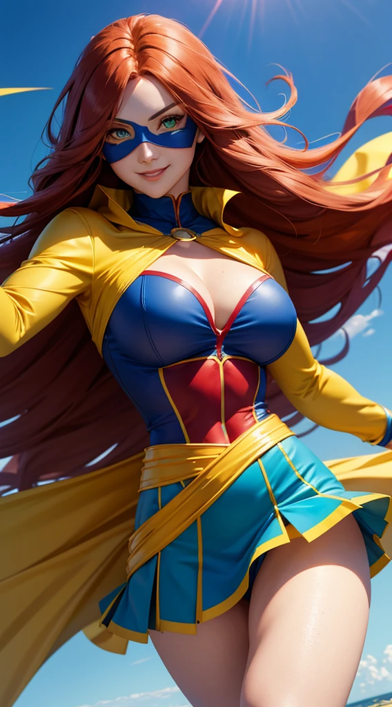 1 super hero girl, long red hair, green eyes, smiling, wearing a tight-fitting long-sleeved blue blouse with a circular cleavage, yellow mini skirt, yellow cape, blue mask over his eyes, flying in the sky, high res, ultrasharp, 8K, masterpiece, looking at viewer