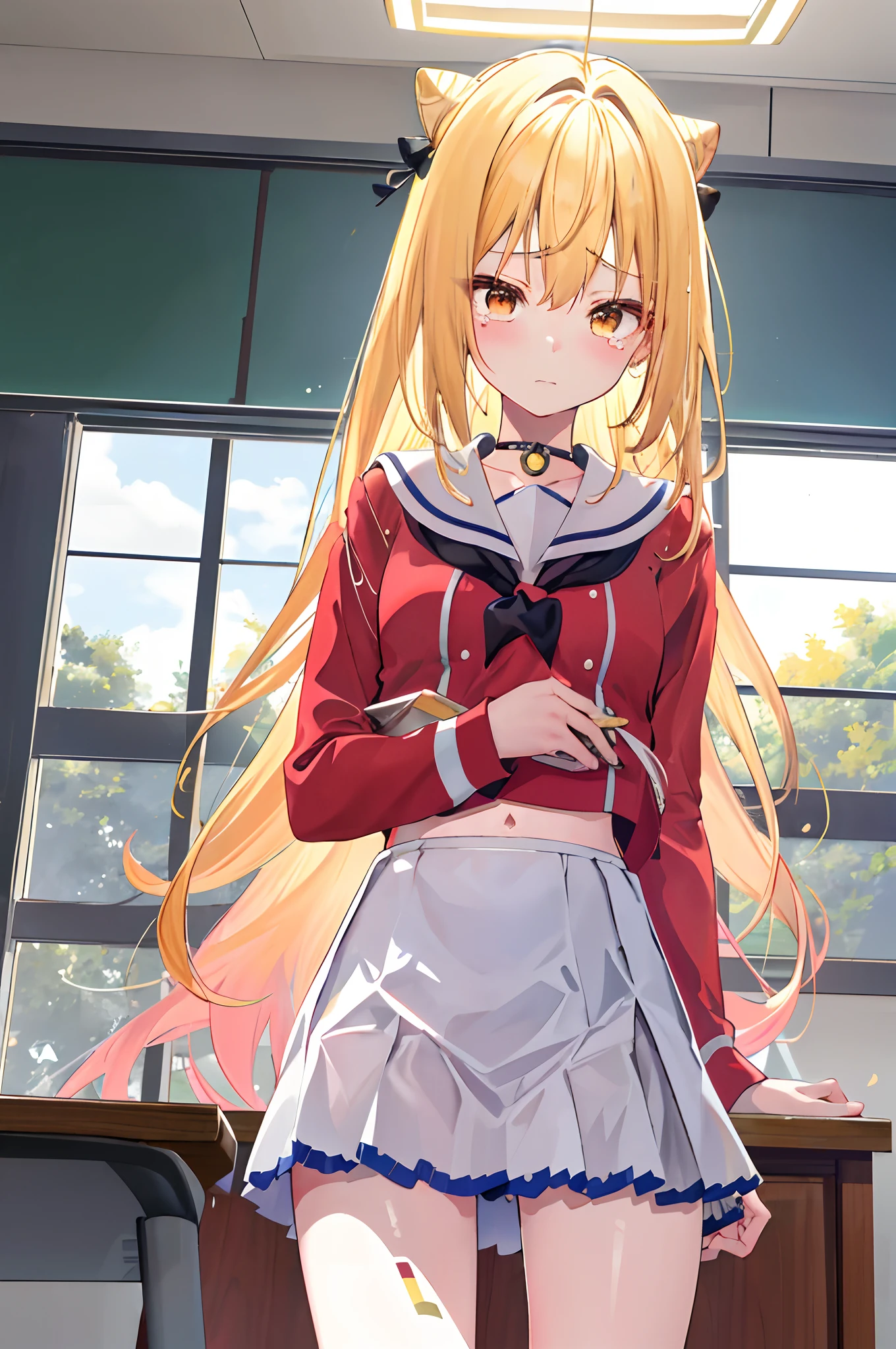 One girl with long bun hair, yellow hair, looking at viewer, embarrassed, blushing, tears, indoor , classroom, sailor uniform, red shirts, pleated skirt , skirt, mini skirt, midriff, slim, dizzy, choker, mid-chest, wide hips, perfect waist, spread legs, day atmosphere, standing, (embarrassed:1.0)