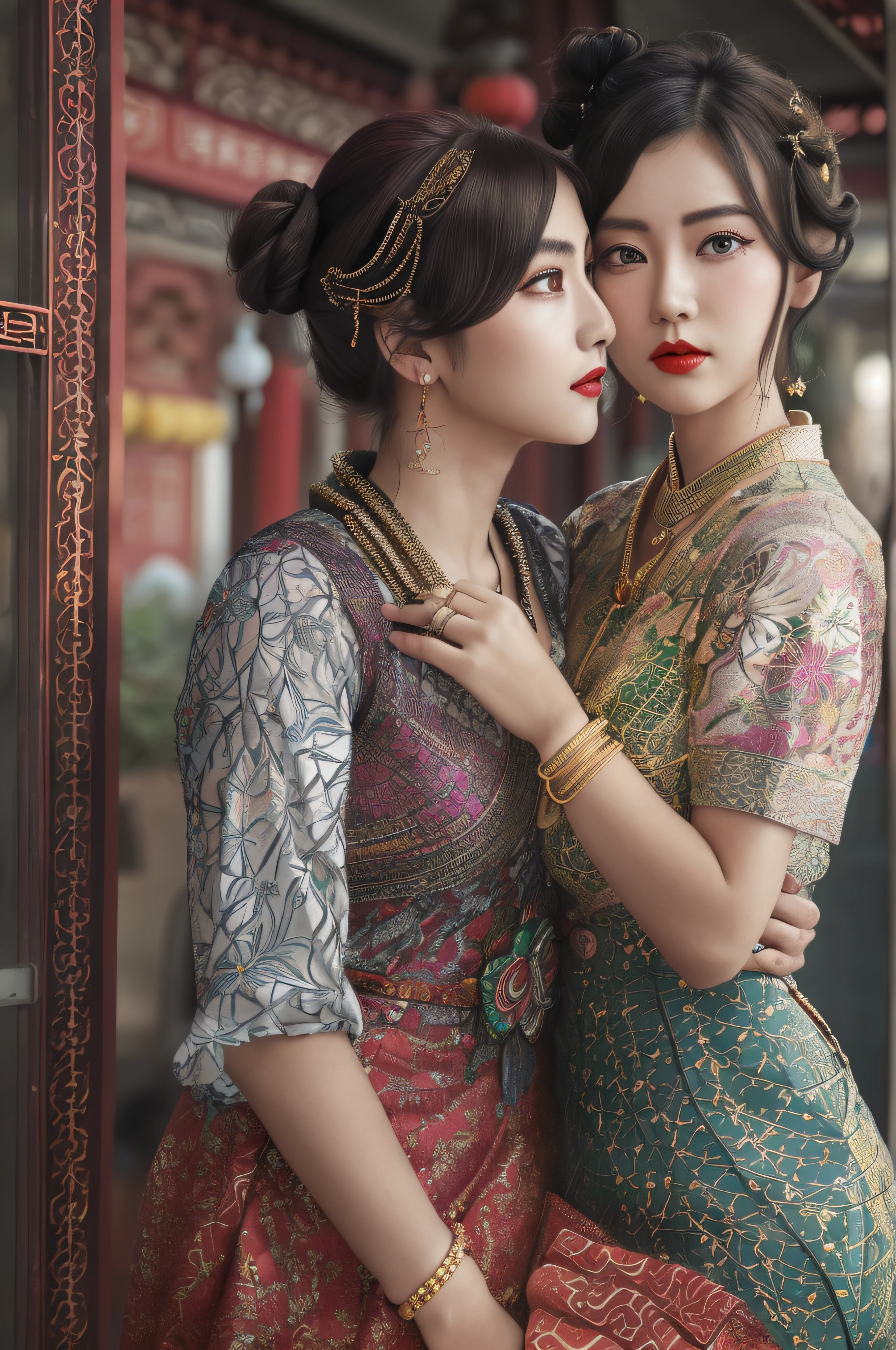 ((Realistic:1.5)),Ulzzang-6500:1.3，((Best quality)), ((Masterpiece)),((Detailed)),2girls,duo,railway station 1920's Shanghai,retro train background:1.4,{2 beautiful women}, (Upper body:1.3),(hair bun,Chinese retro hairpins:1.4),Hug and touch each other breasts while kissing, Tease your friend's waist, Breathless friends, Biting a friend's earlobe, crouched,super wide shot,Face focus, Long legs,Curvy, Barefoot,Wide hips, Thin legs, Oversized eyes,Long eyelashes, (Detailed face,beautidful eyes, detailed pupils,detailed clothes features), (armlets, bangle:1.3),(Alebriès Art Style),Sharp,Perfect compounding, Intricate, Sharp focus, Dramatic,